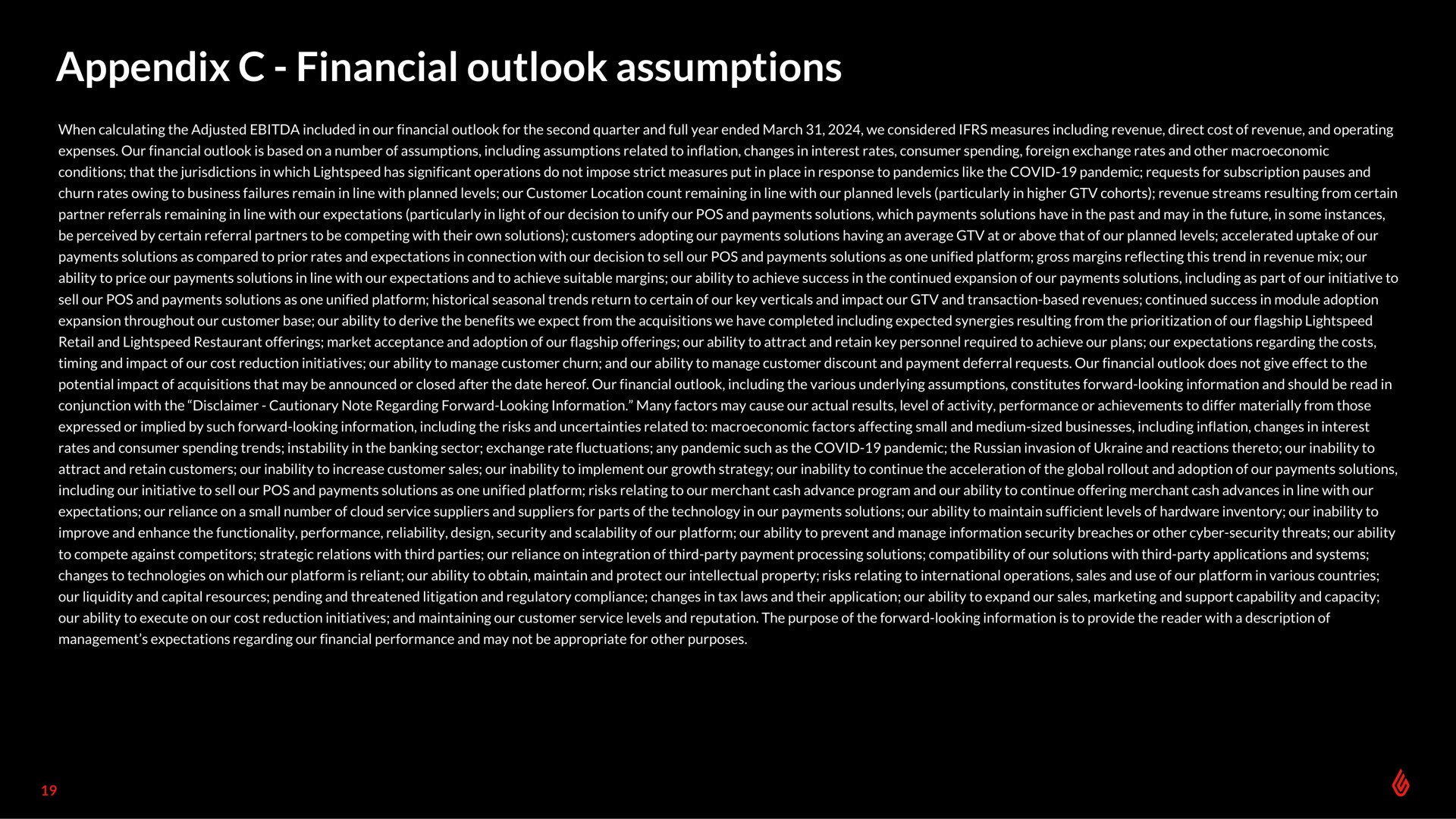 appendix financial outlook assumptions | Lightspeed