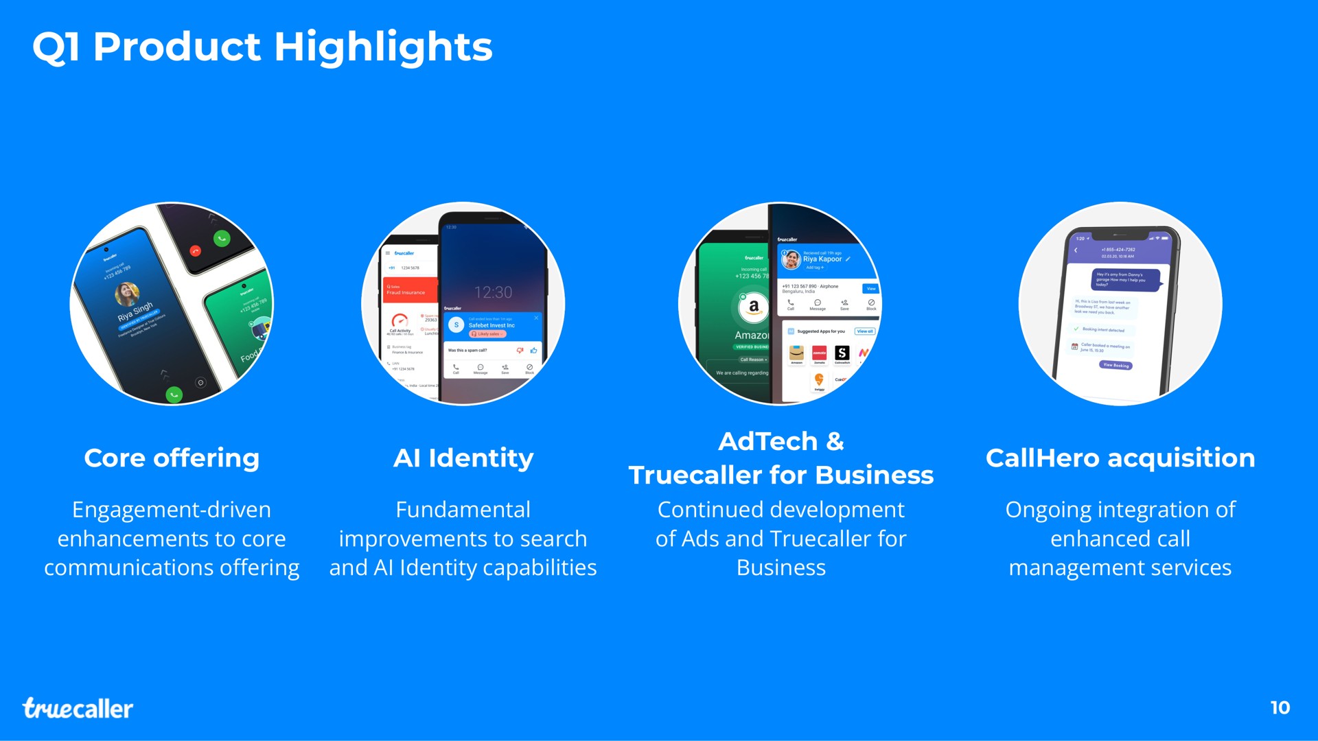 product highlights core offering identity engagement driven enhancements to core communications fundamental improvements to search and identity capabilities for business continued development of ads and for business acquisition ongoing integration of enhanced call management services paca | Truecaller
