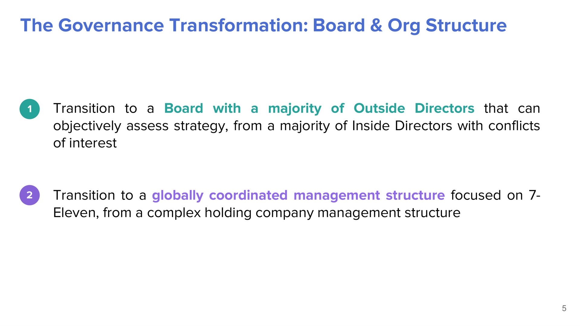 the governance transformation board structure transition to a board with a majority of outside directors that can objectively assess strategy from a majority of inside directors with conflicts of interest transition to a globally management structure focused on eleven from a complex holding company management structure | ValueAct Capital