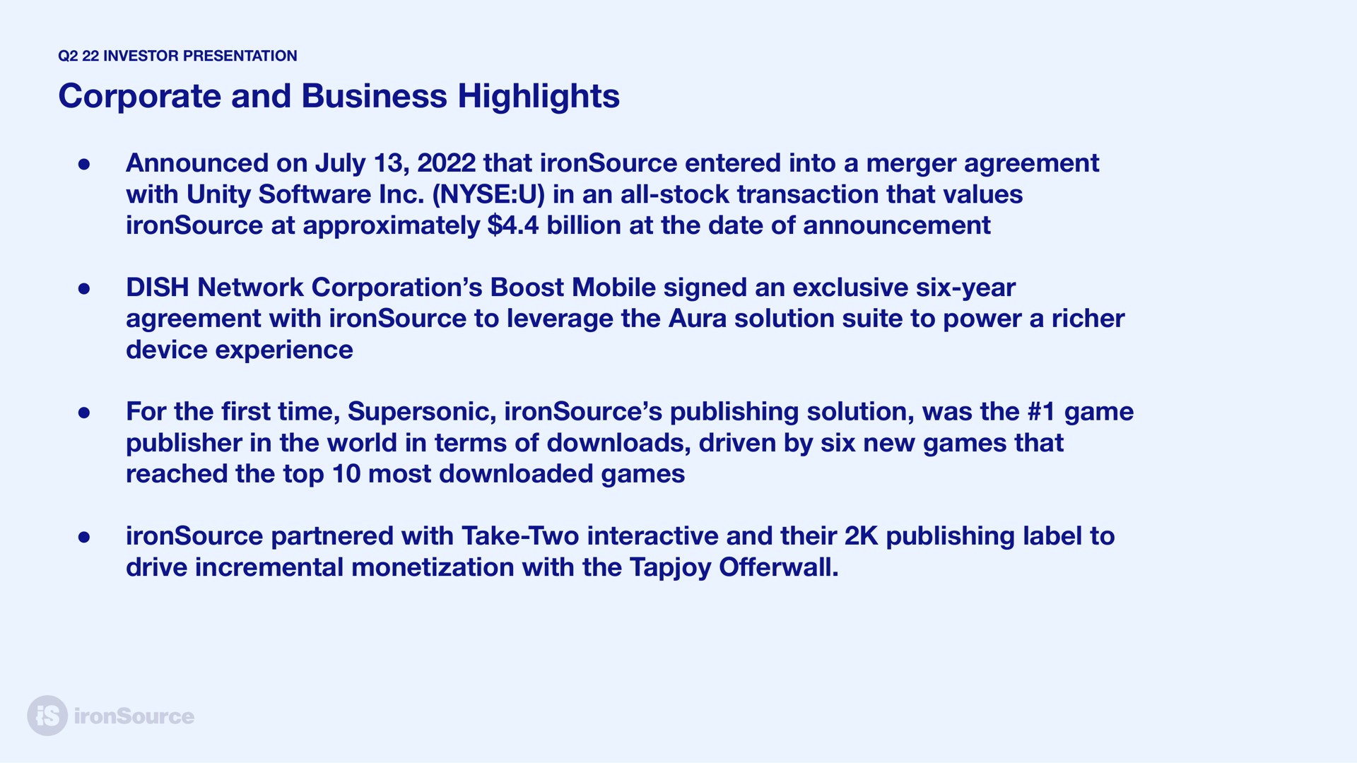 corporate and business highlights announced on that entered into a merger agreement with unity in an all stock transaction that values at approximately billion at the date of announcement dish network corporation boost mobile signed an exclusive six year agreement with to leverage the aura solution suite to power a device experience for the time supersonic publishing solution was the game publisher in the world in terms of driven by six new games that reached the top most games partnered with take two interactive and their publishing label to drive incremental monetization with the first | ironSource