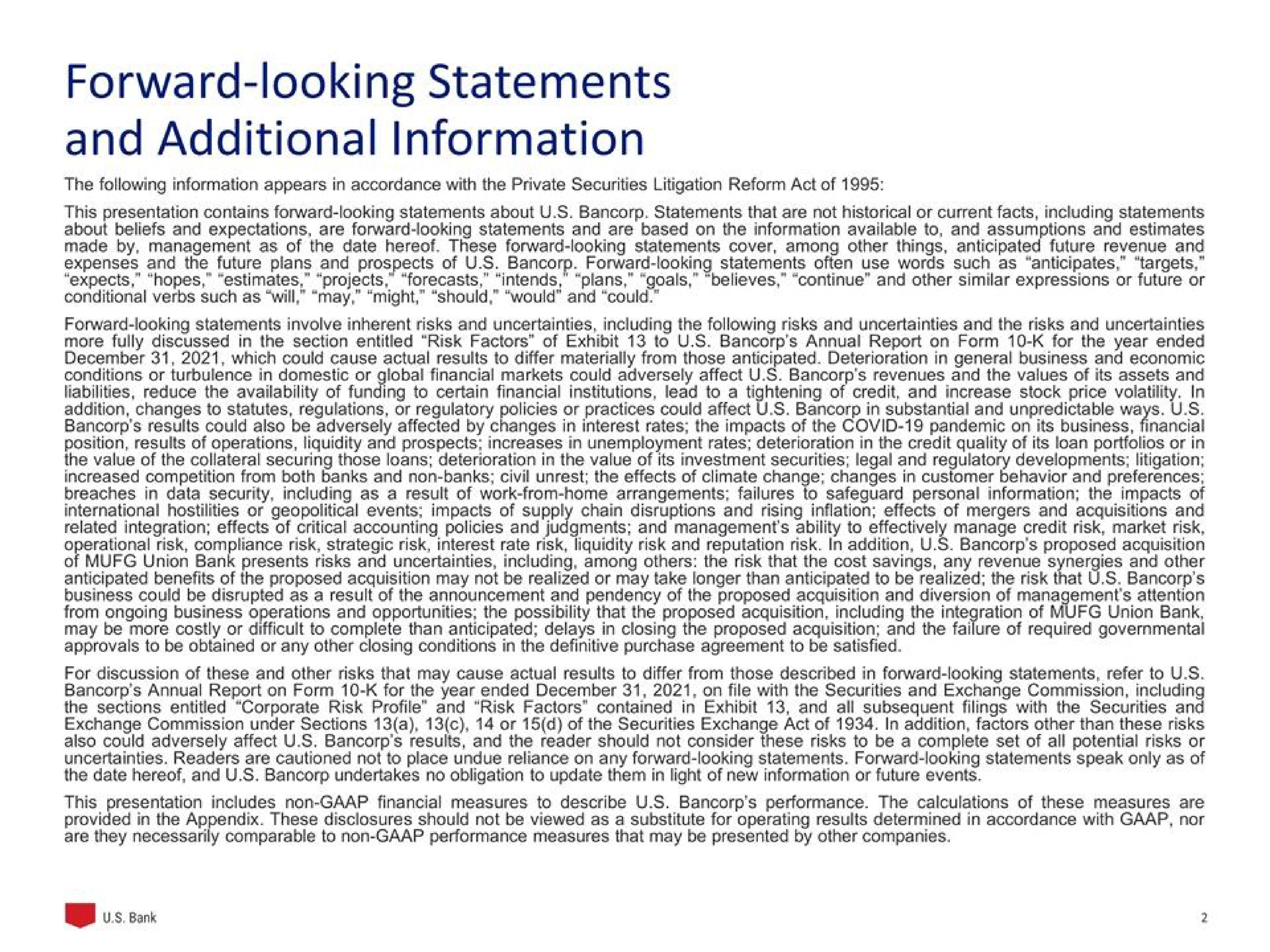forward looking statements and additional information | U.S. Bancorp