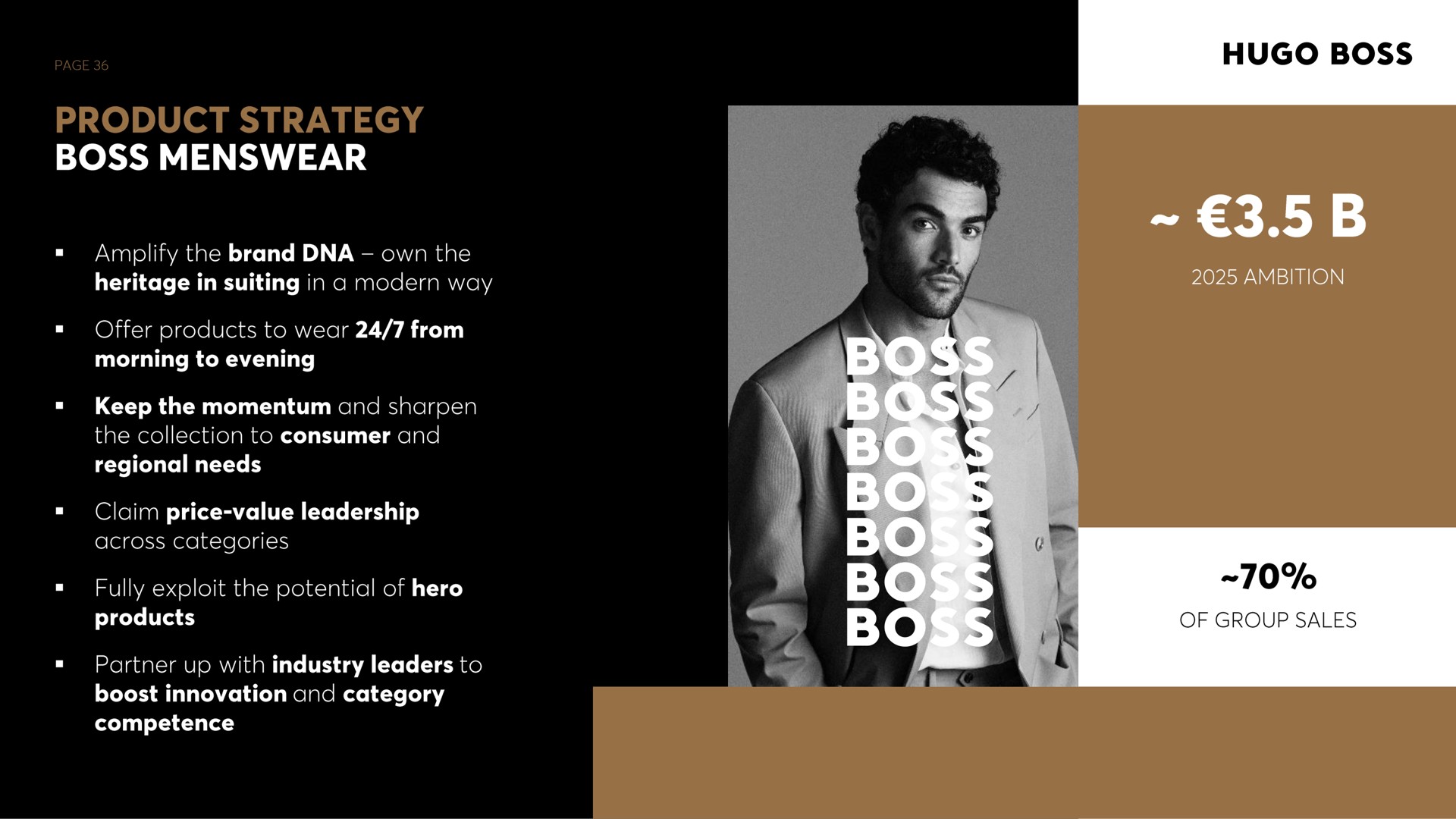 aces product strategy boss amplify the brand own the heritage in suiting in a modern way offer products to wear from morning to evening boss keep the momentum and sharpen the collection to consumer and regional needs claim price value leadership partner up with industry leaders to boost innovation and category fully exploit the potential of hero cats of group sales | Hugo Boss