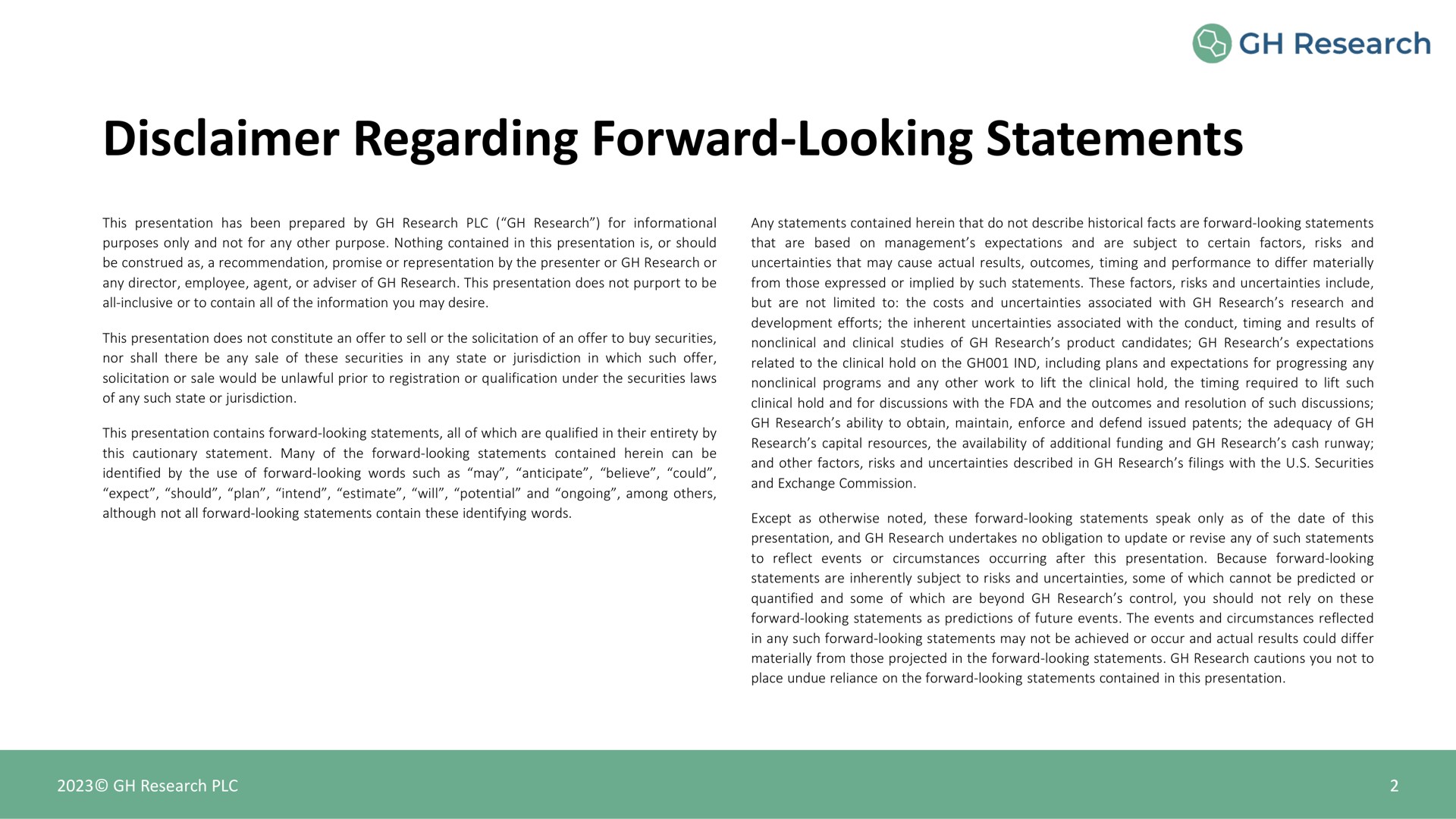 disclaimer regarding forward looking statements | GH Research