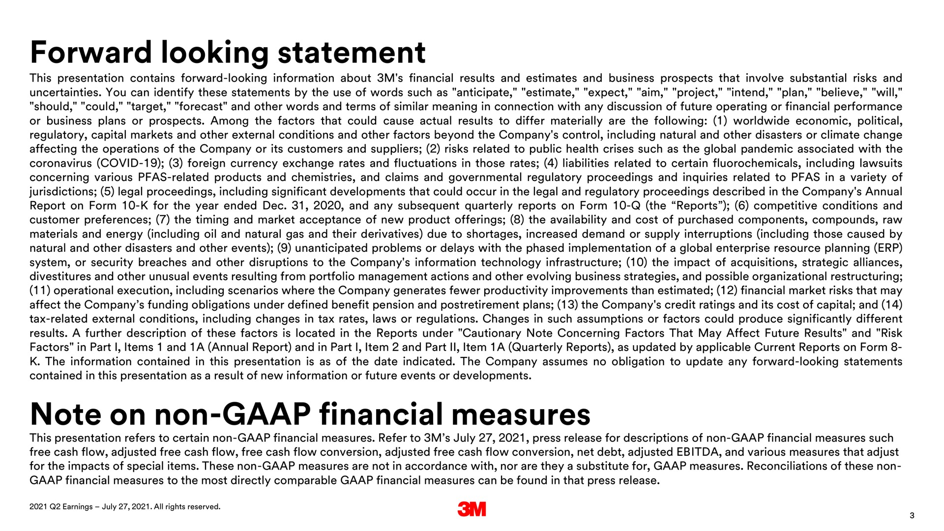 forward looking statement note on non financial measures | 3M