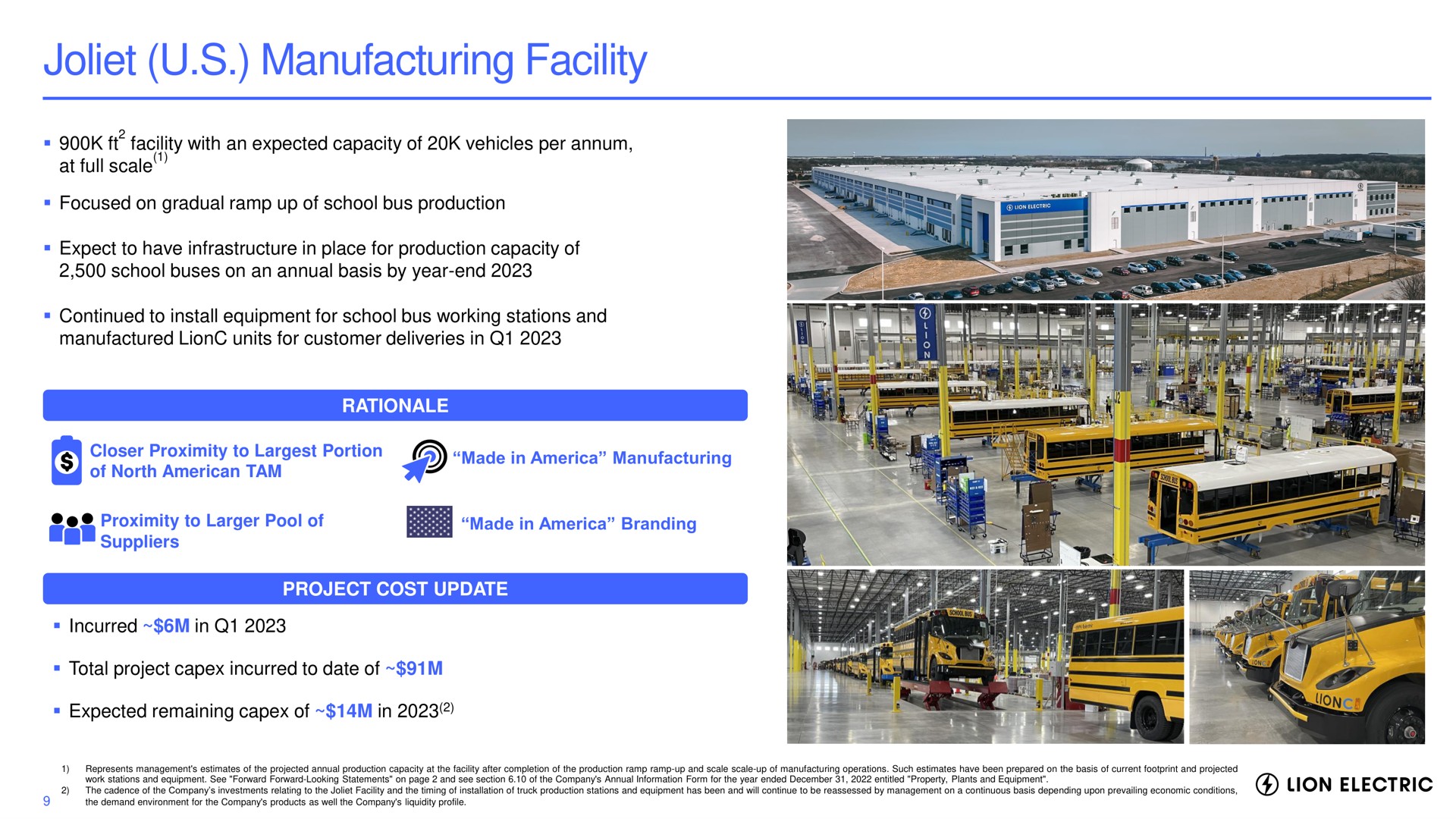 manufacturing facility with an expected capacity of vehicles per school buses on an annual basis by year end rationale proximity to pool of of north tam expected remaining of in project cost update | Lion Electric