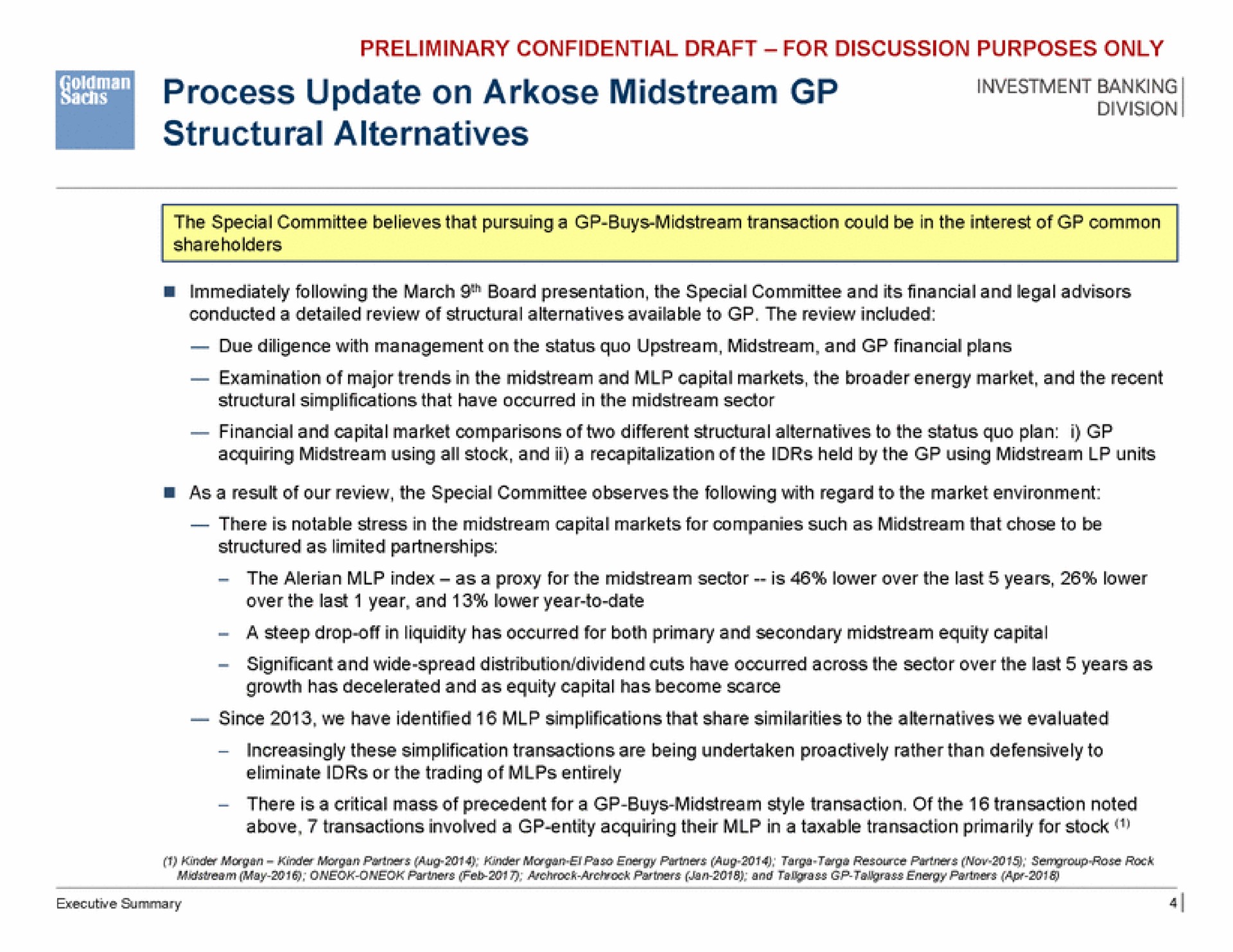 process update on arkose midstream structural alternatives | Goldman Sachs