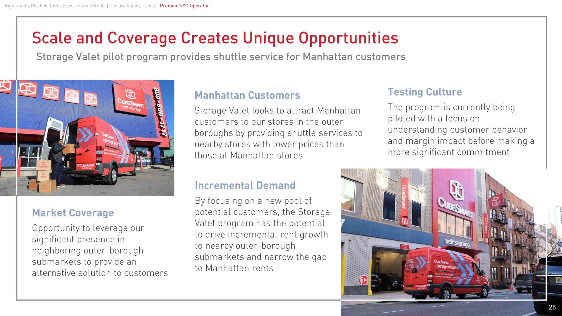 scale and coverage creates unique opportunities storage valet pilot program provides shuttle service for customers incremental demand customers testing culture the program is currently being piloted with a focus on understanding customer behavior and margin impact before making a more significant commitment storage valet looks to attract customers to our stores in the outer boroughs by providing shuttle services to nearby stores with lower prices than those at stores to rents by focusing on a new pool of potential customers the storage valet program has the potential to drive incremental rent growth to nearby outer borough and narrow the gap market coverage opportunity to leverage our significant presence in neighboring outer borough to provide an alternative solution to customers | CubeSmart