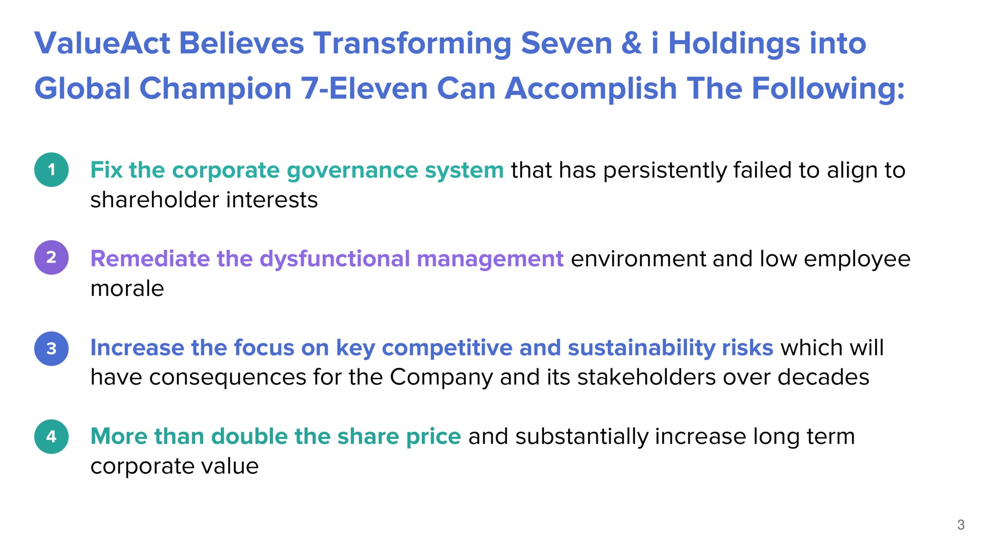 believes transforming seven i holdings into global champion eleven can accomplish the following fix the corporate governance system that has persistently failed to align to shareholder interests the management environment and low employee morale increase the focus on key competitive and risks which will have consequences for the company and its stakeholders over decades more than double the share price and substantially increase long term corporate value | ValueAct Capital