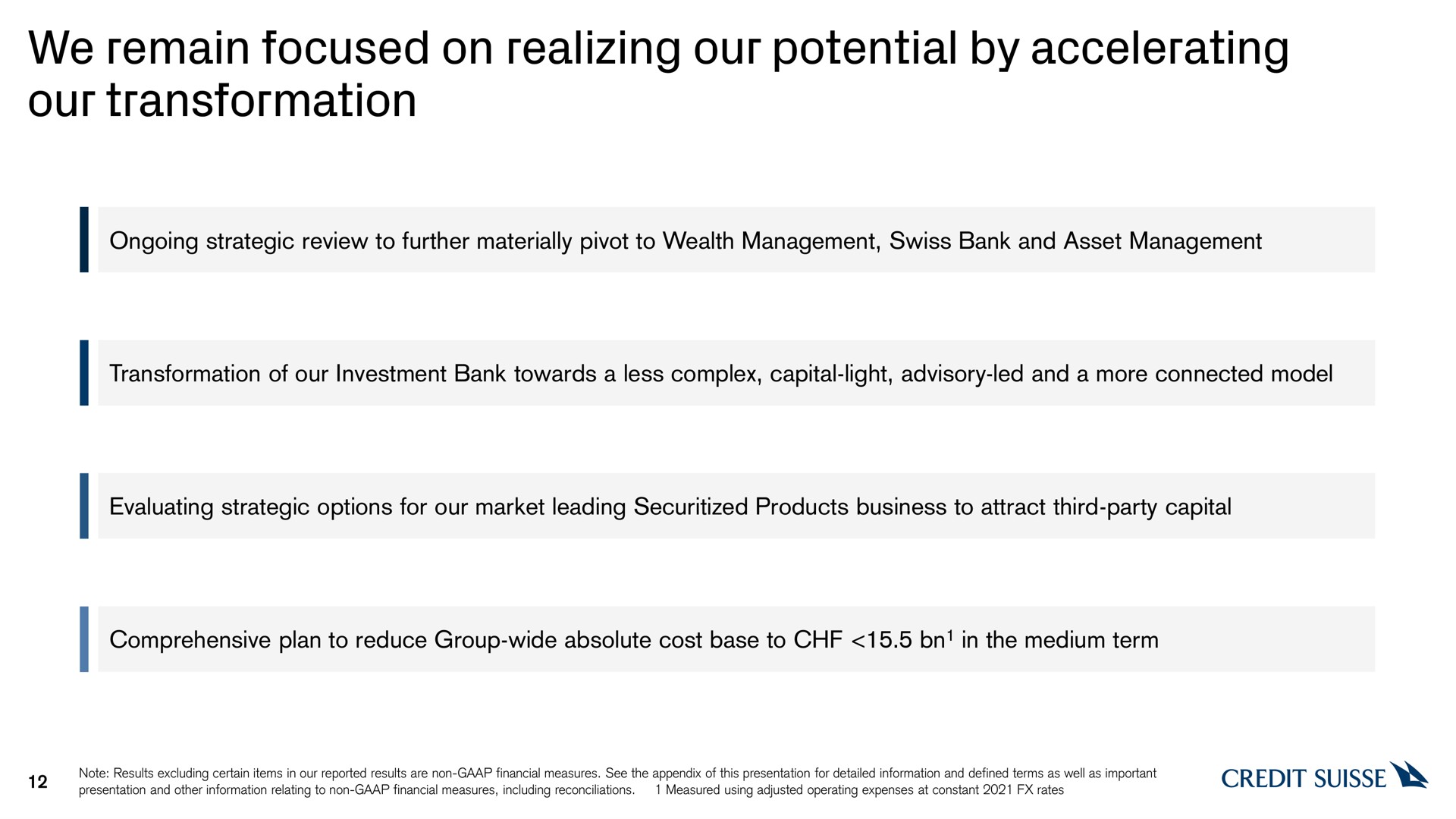 we remain focused on realizing our potential by accelerating our transformation | Credit Suisse