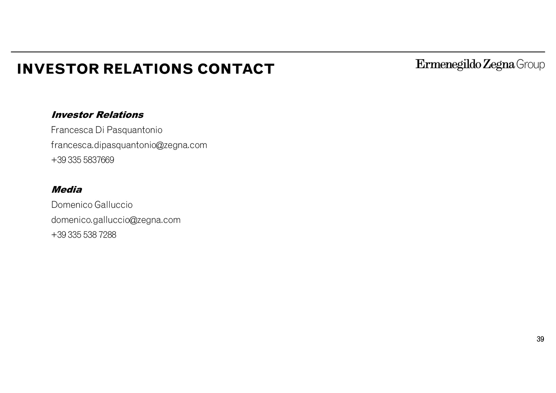 investor relations contact investor relations media group | Zegna