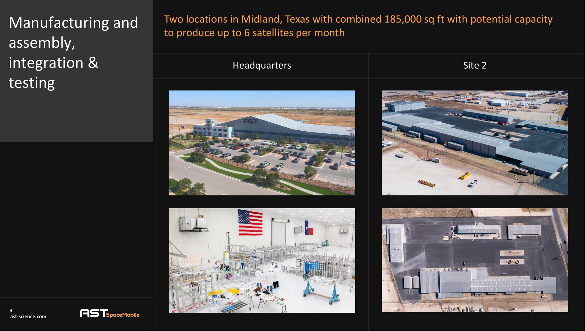 manufacturing and assembly integration testing two locations in midland with combined with potential capacity to produce up to satellites per month headquarters | AST SpaceMobile