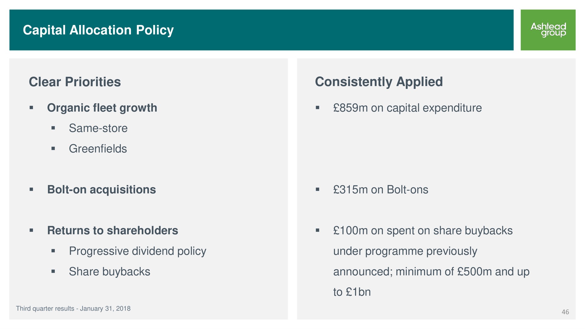 capital allocation policy clear priorities consistently applied sat | Ashtead Group