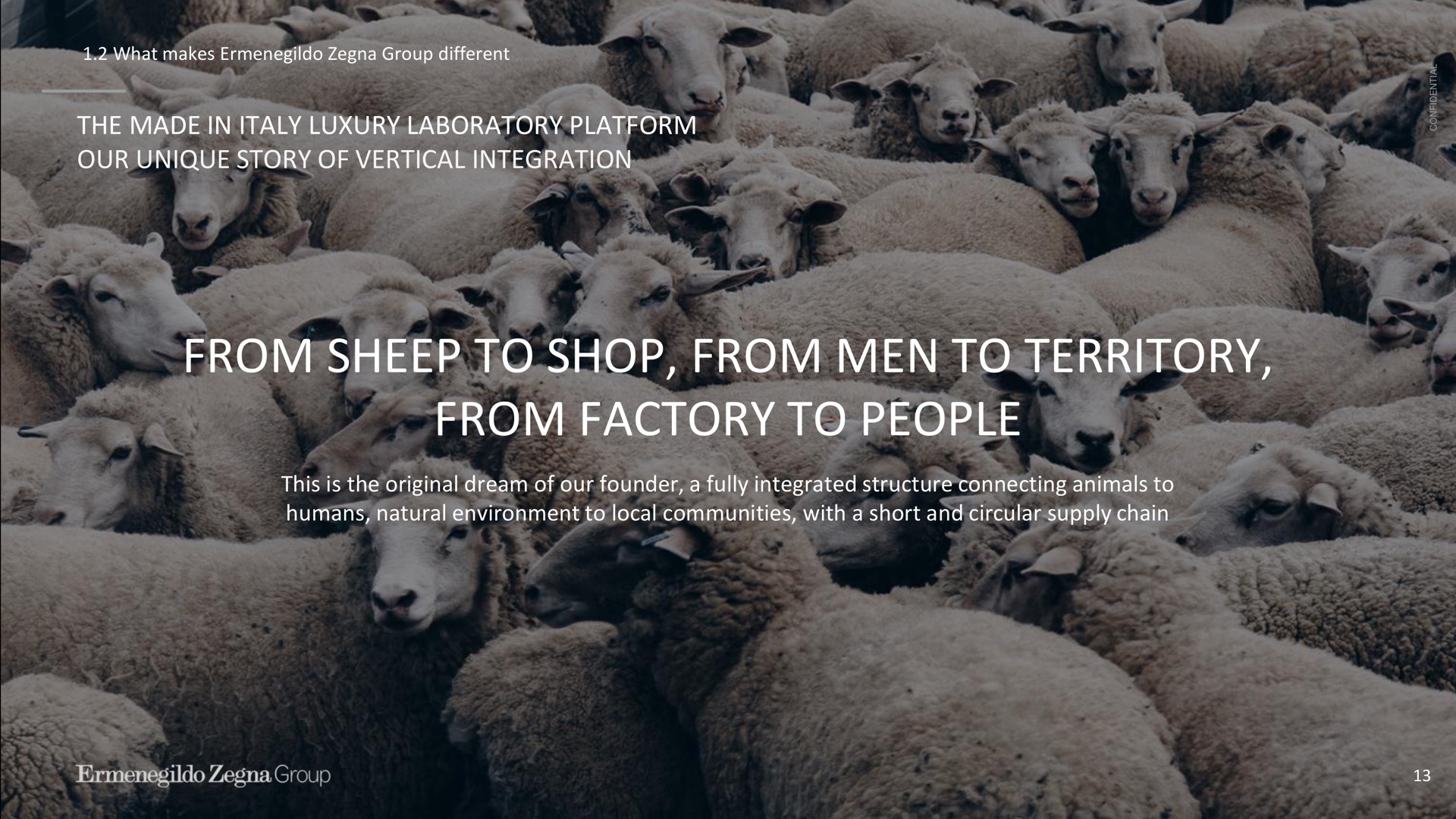 what makes group different the made in luxury laboratory platform our unique story of vertical integration from sheep to shop from men to territory from factory to people this is the original dream of our founder a fully integrated structure connecting animals to humans natural environment to local communities with a short and circular supply chain | Zegna