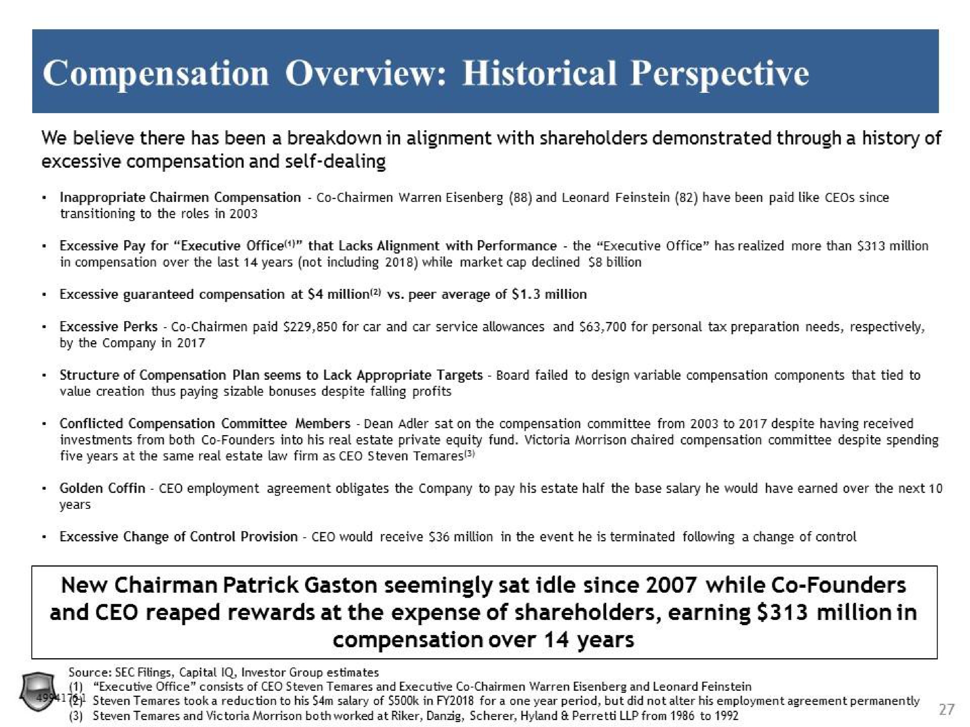 compensation overview historical perspective new chairman seemingly sat idle since while founders and reaped rewards at the expense of shareholders earning | Legion Partners