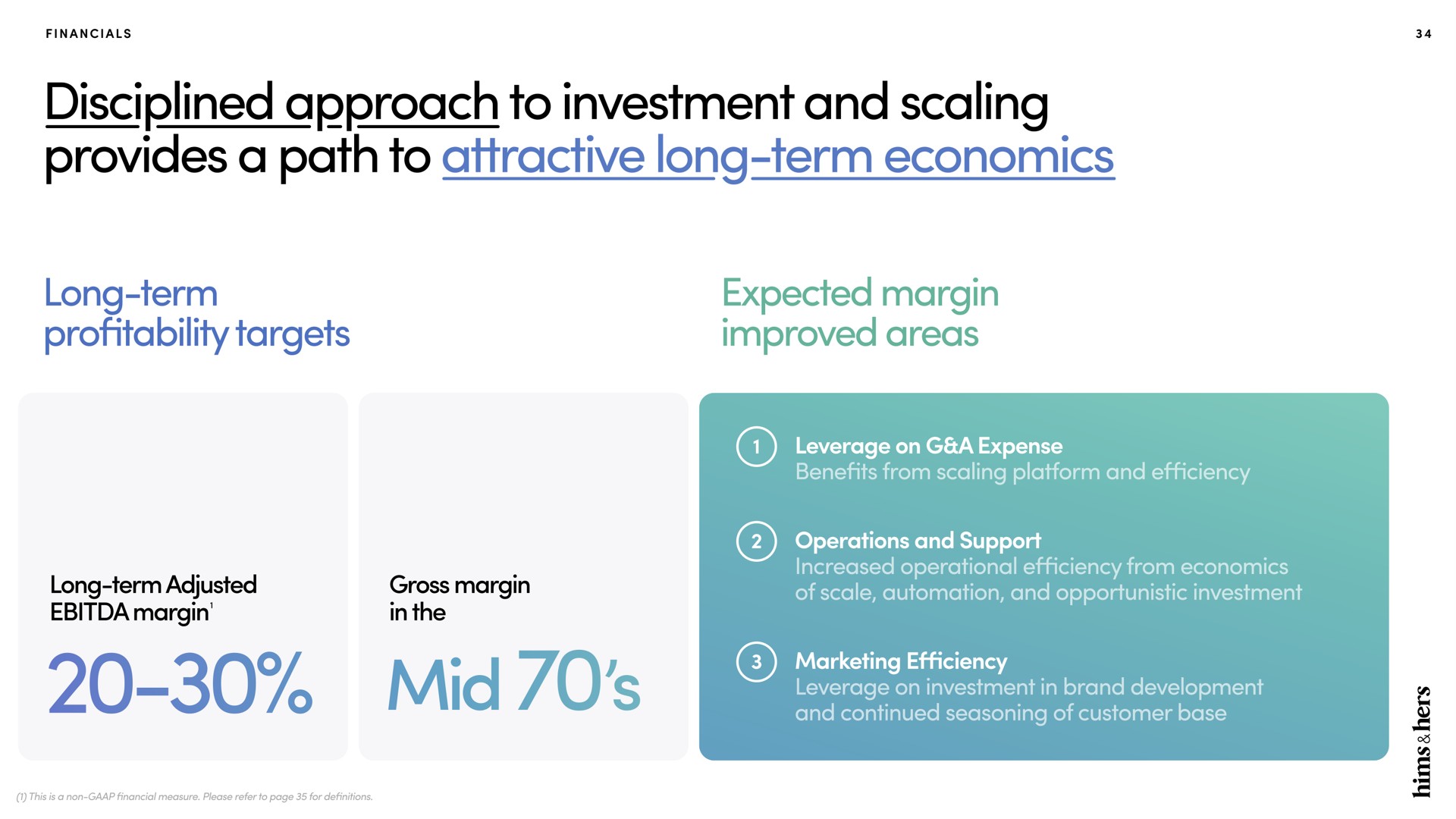 disciplined approach to investment and scaling provides a path to attractive long term economics long term profitability targets expected margin improved areas | Hims & Hers