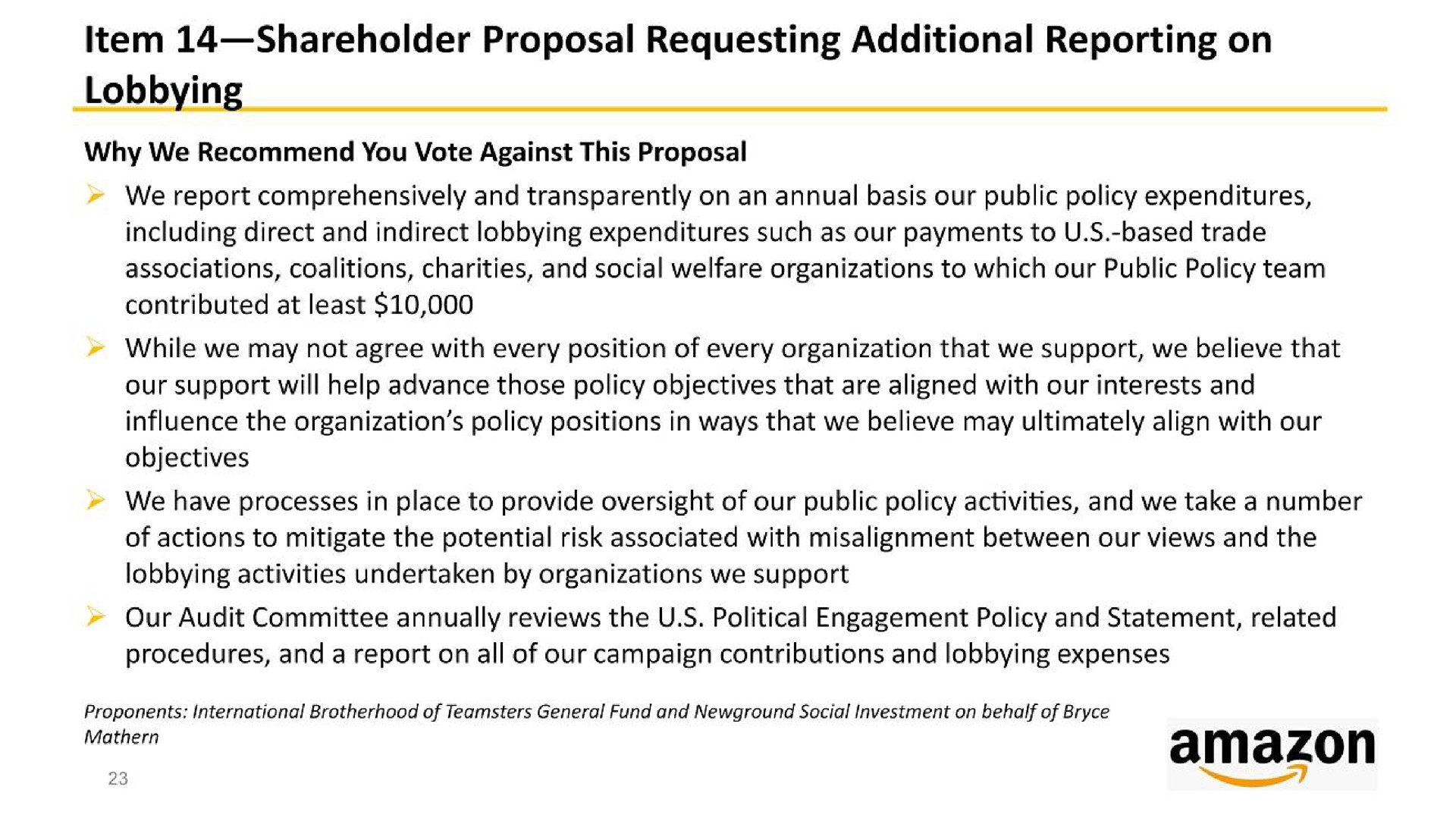 item shareholder proposal requesting additional reporting on lobbying | Amazon