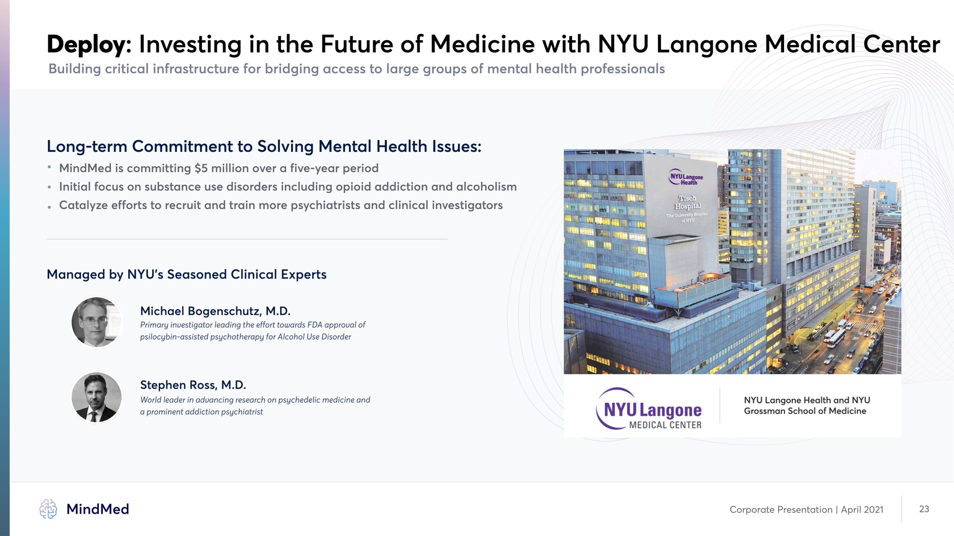deploy investing in the future of medicine with medical center long term commitment to solving mental health issues | MindMed