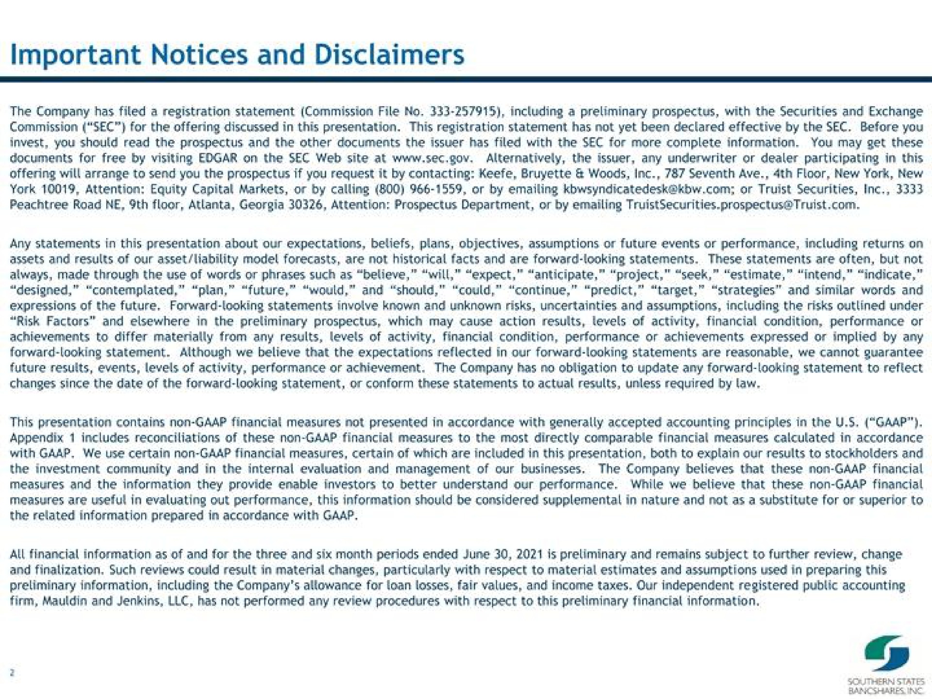 important notices and disclaimers | Southern States Bancshares