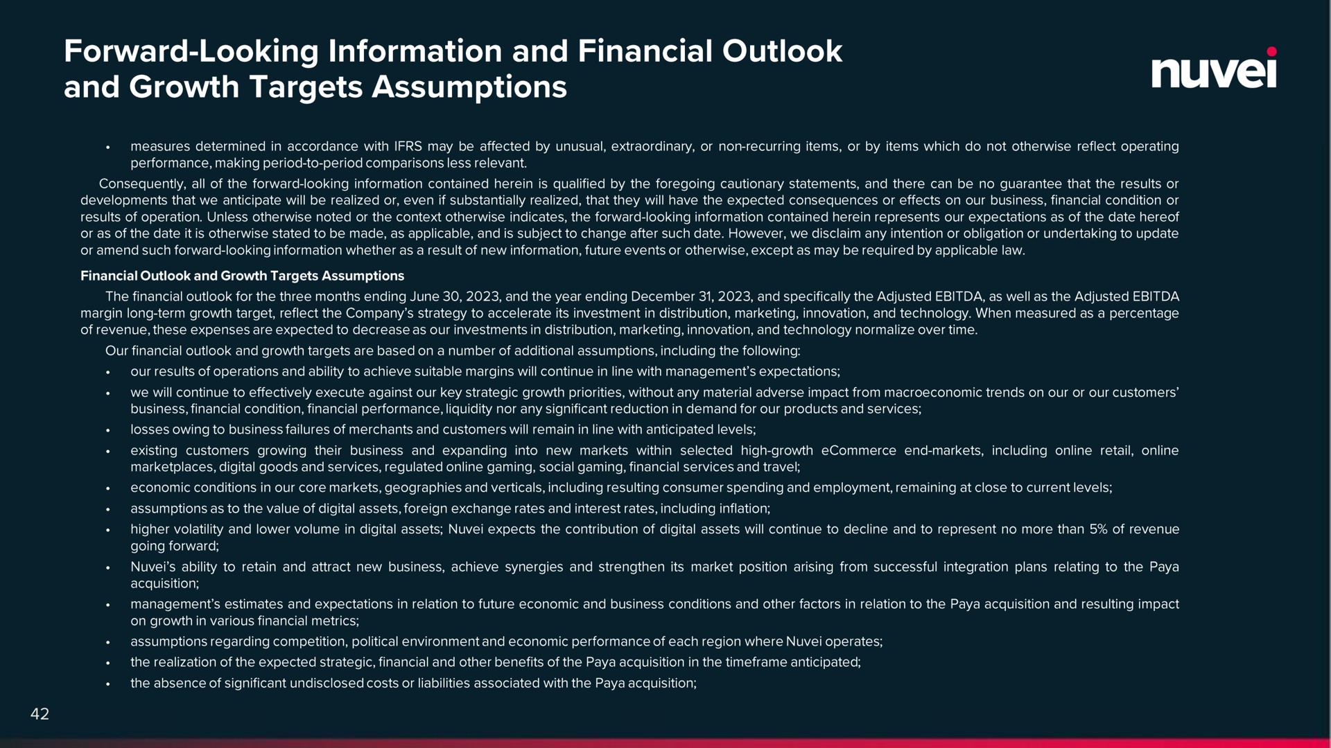forward looking information and financial outlook and growth targets assumptions | Nuvei