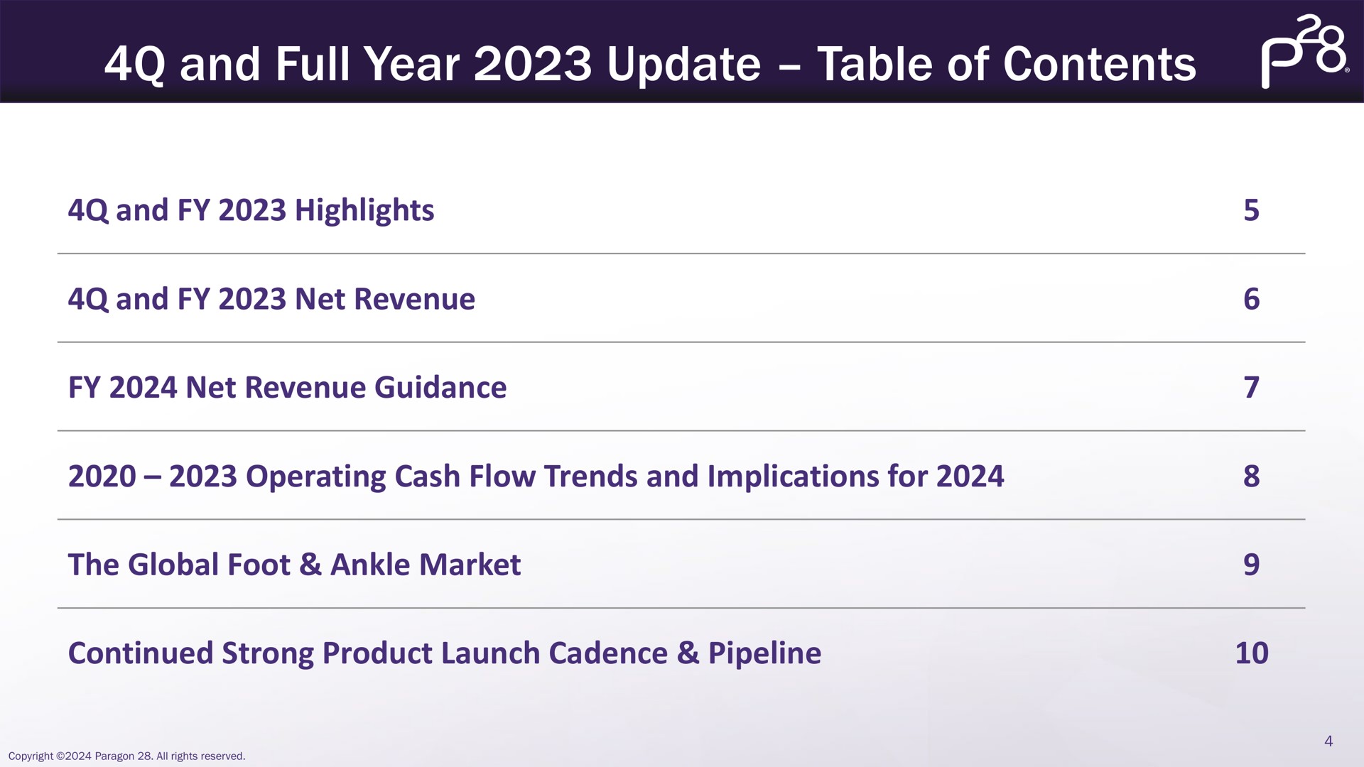 and full year update table of contents and highlights and net revenue net revenue guidance operating cash flow trends and implications for the global foot ankle market continued strong product launch cadence pipeline exs | Paragon28