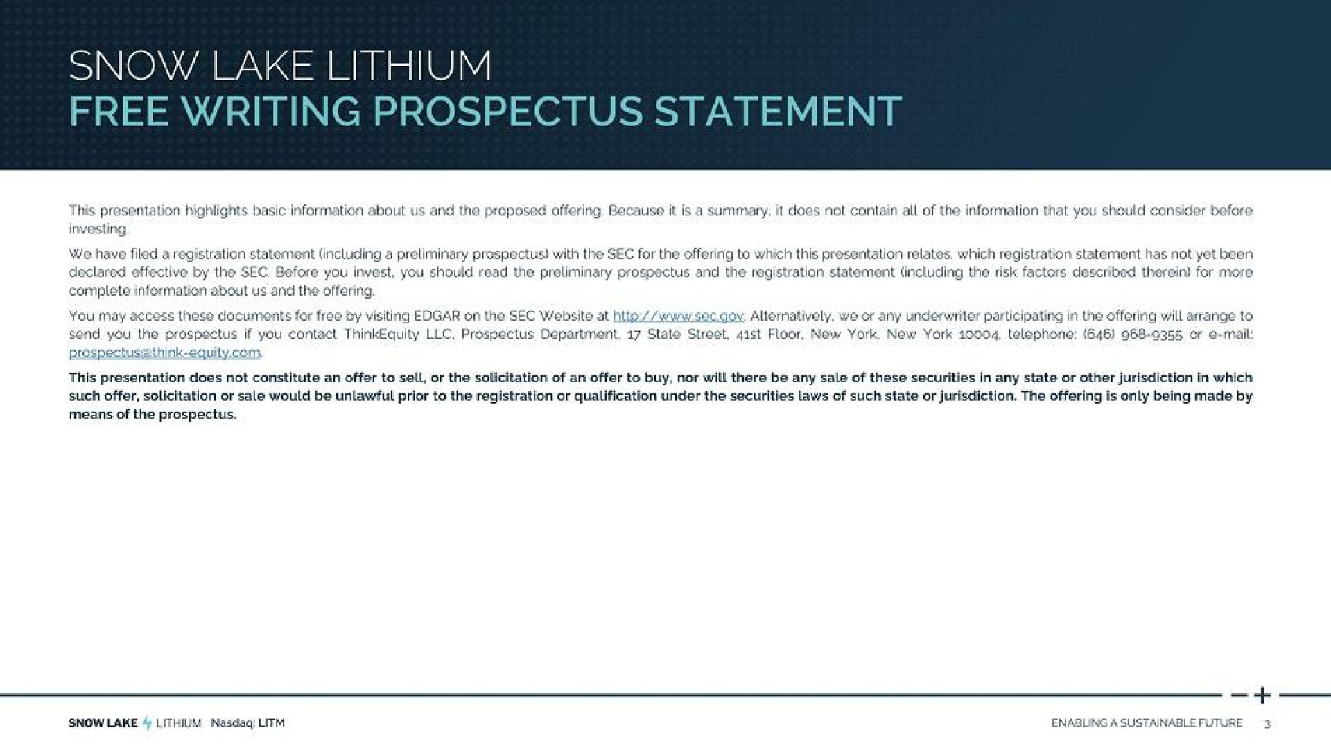 snow lake lithium free writing prospectus statement | Snow Lake Resources