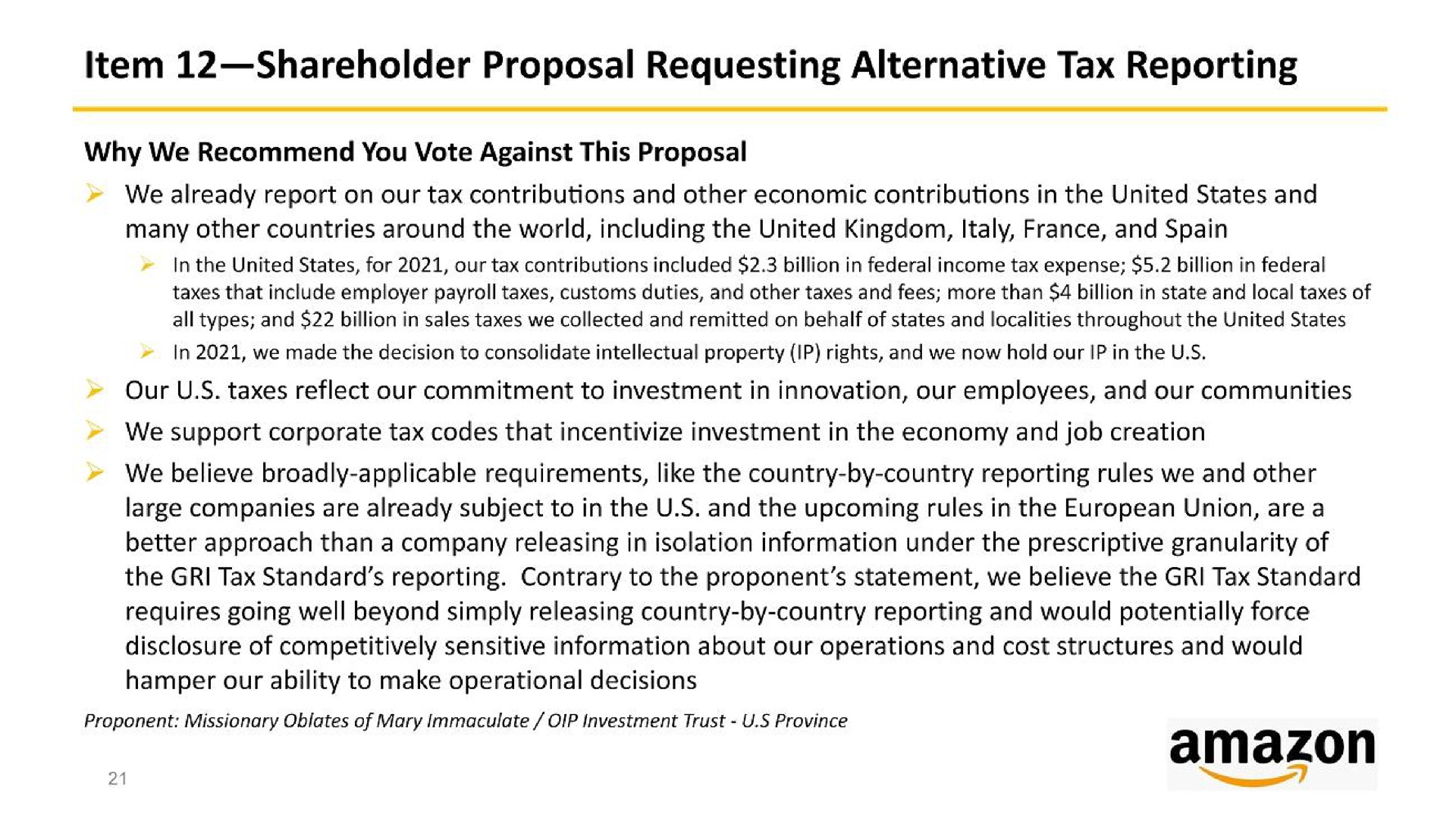 item shareholder proposal requesting alternative tax reporting | Amazon