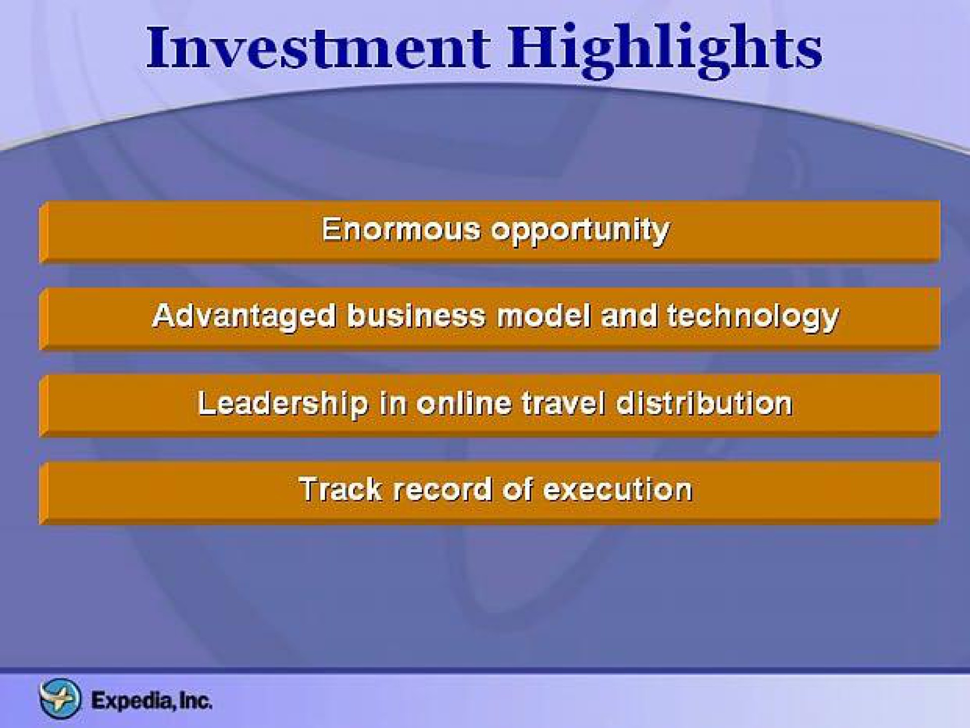 investment highlights enormous opportunity advantaged business model and technology leadership in travel distribution track record of execution | Expedia