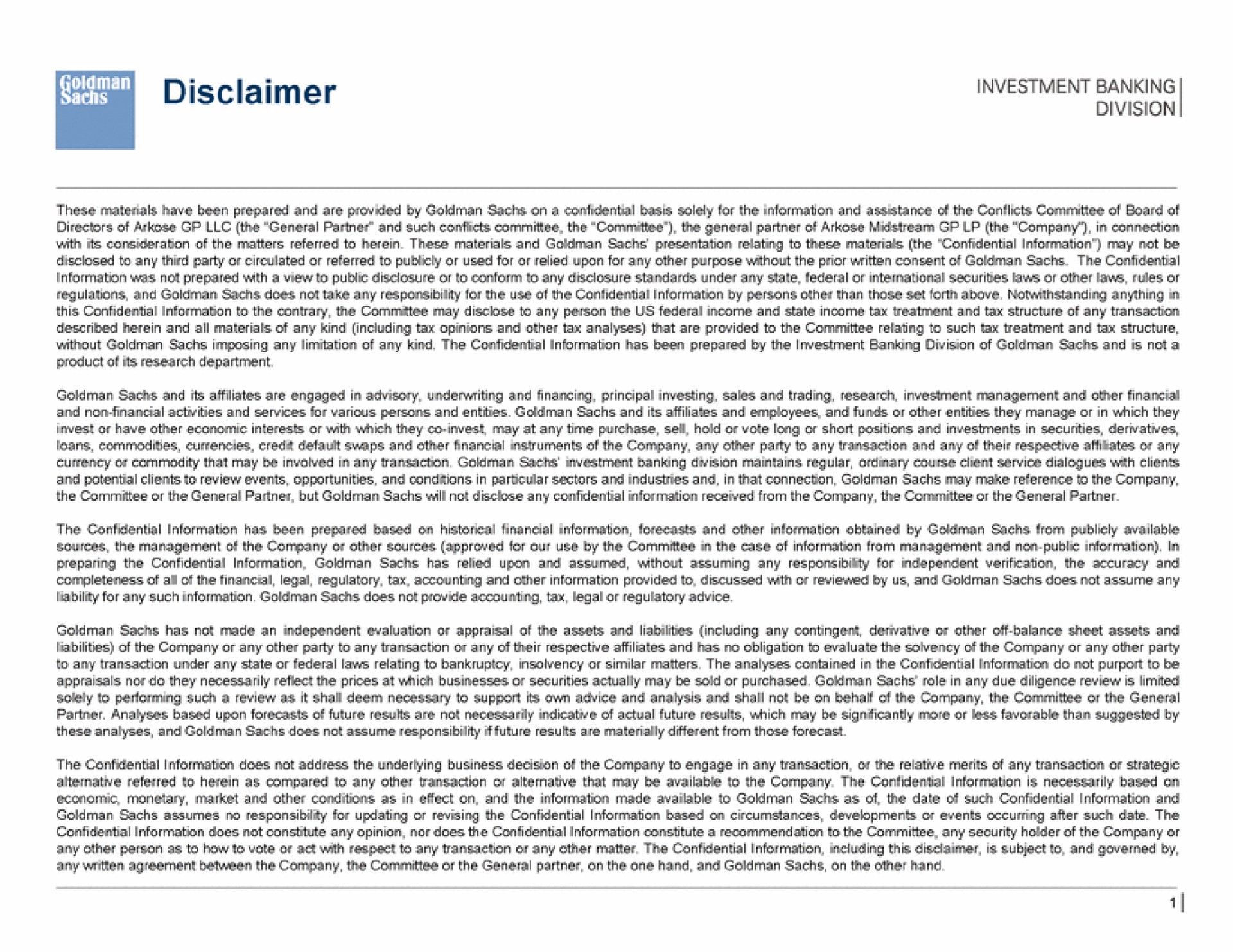 disclaimer division | Goldman Sachs