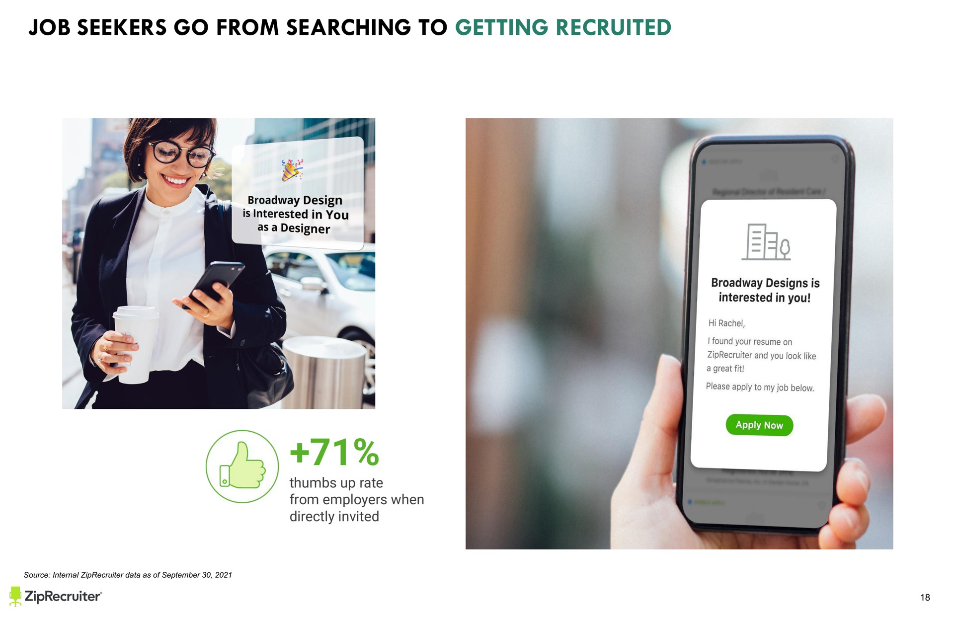 text job seekers go from searching to getting recruited thumbs up rate from employers when directly invited keep all text and images other than full slide backgrounds from the sides of the slide to avoid being cut off when printed | ZipRecruiter