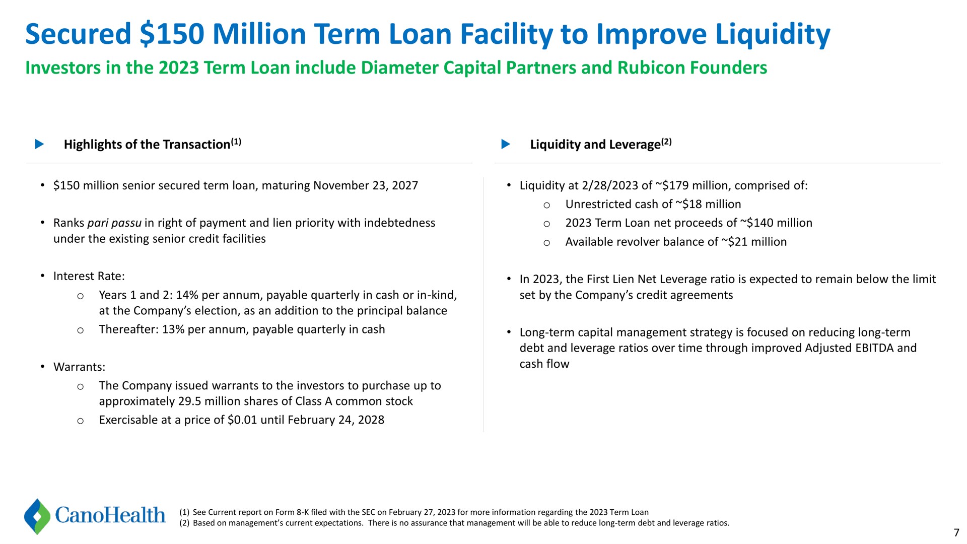 secured million term loan facility to improve liquidity investors in the term loan include diameter capital partners and founders | Cano Health