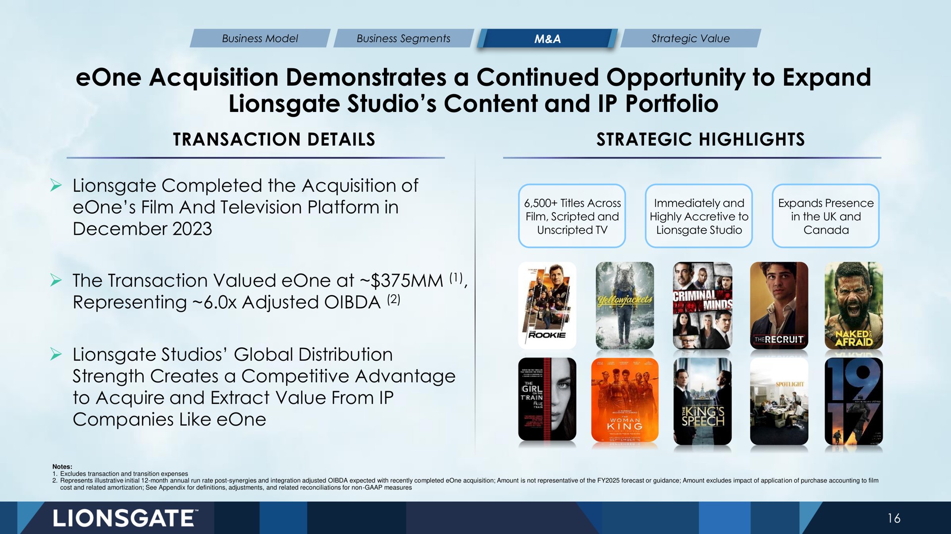 acquisition demonstrates a continued opportunity to expand studio content and portfolio | Lionsgate