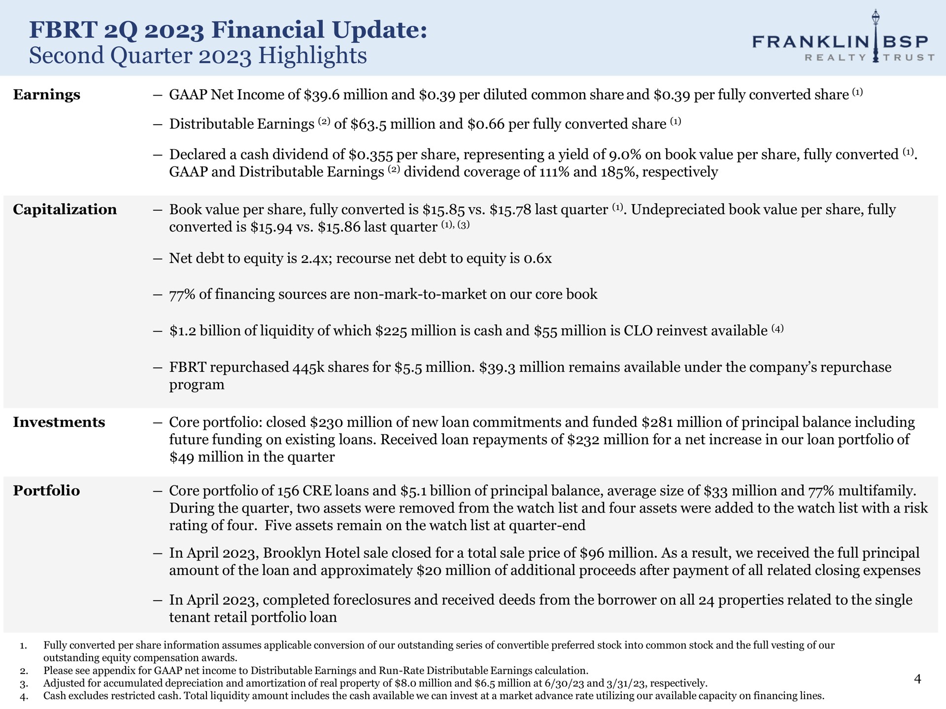 financial update second quarter highlights | Franklin BSP Realty Trust