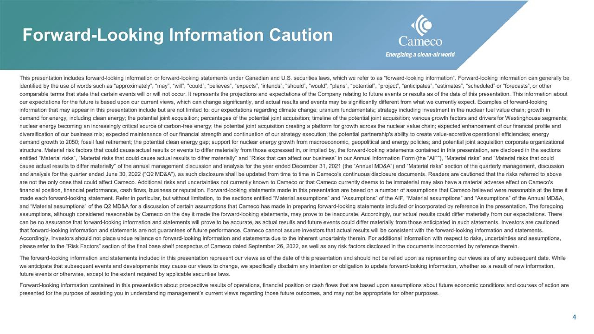 forward looking information caution | Cameco