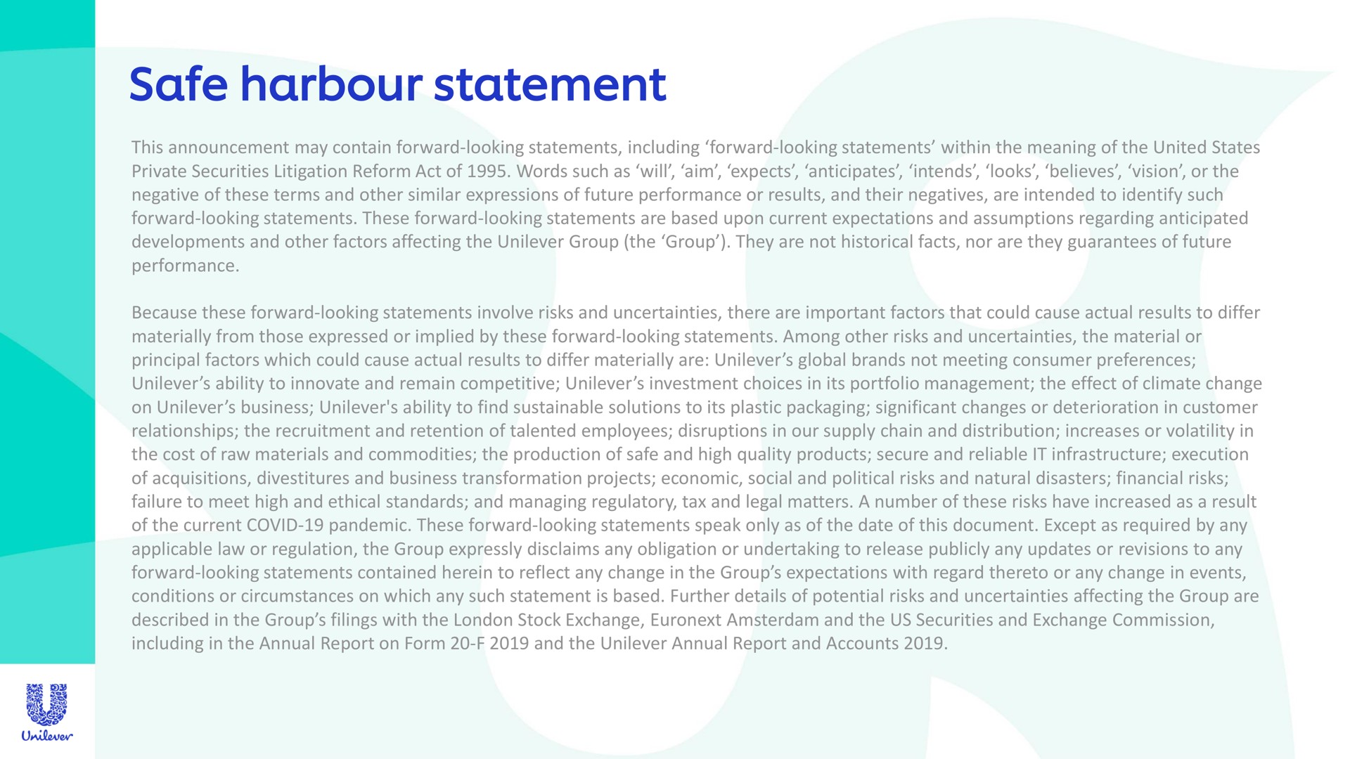 safe harbour statement | Unilever