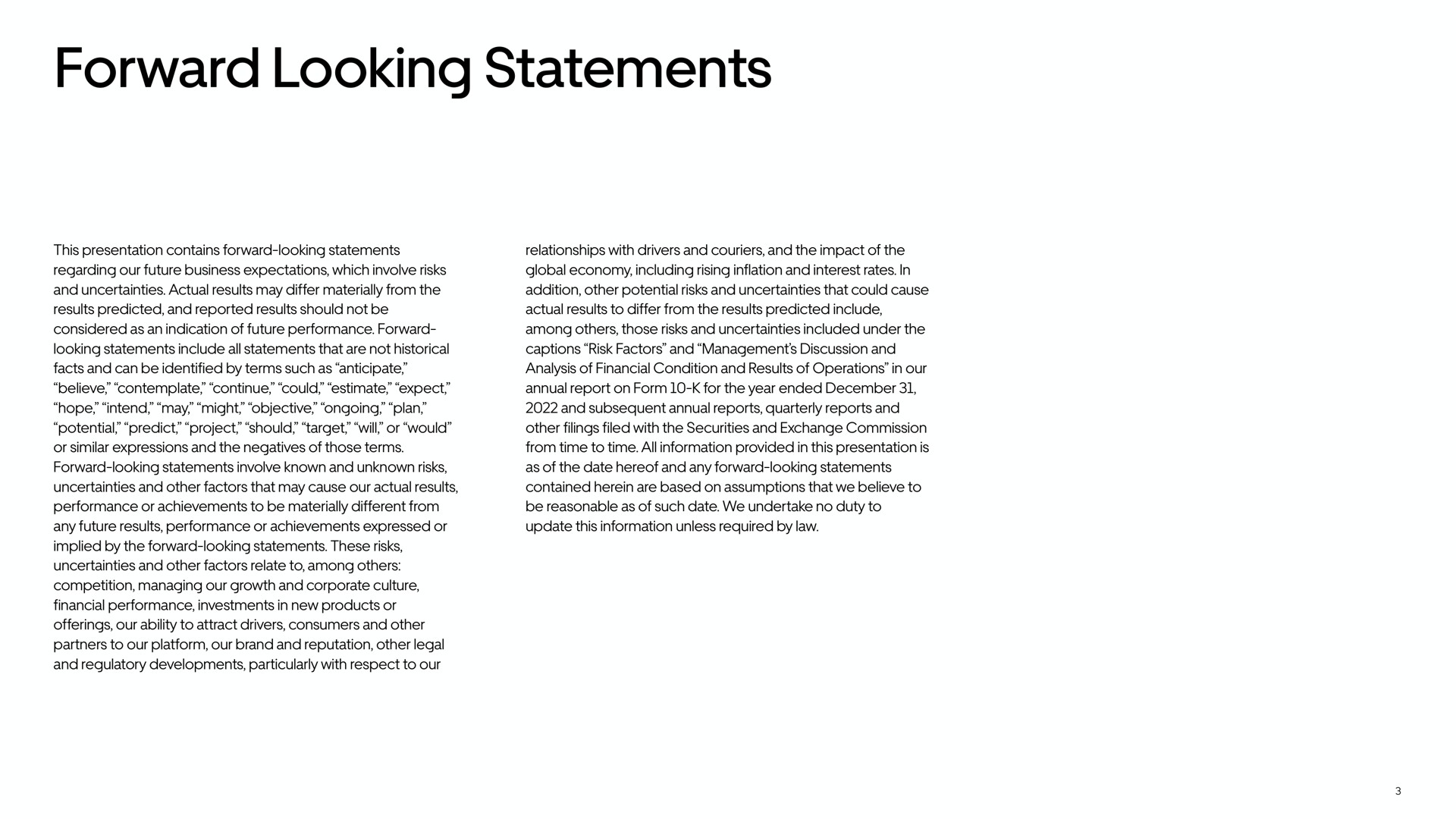 forward looking statements | Uber