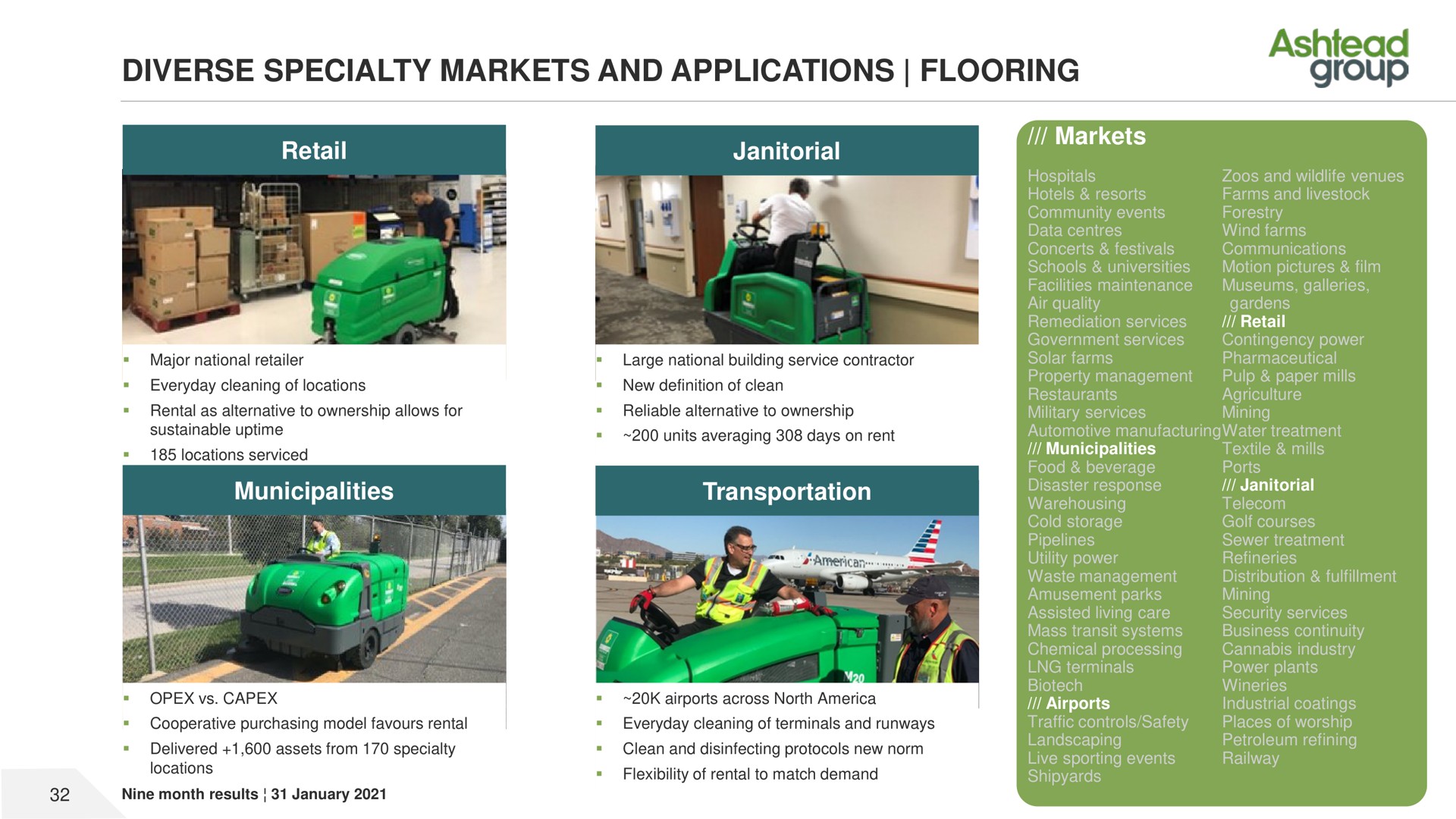 diverse specialty markets and applications flooring retail janitorial municipalities transportation markets group | Ashtead Group