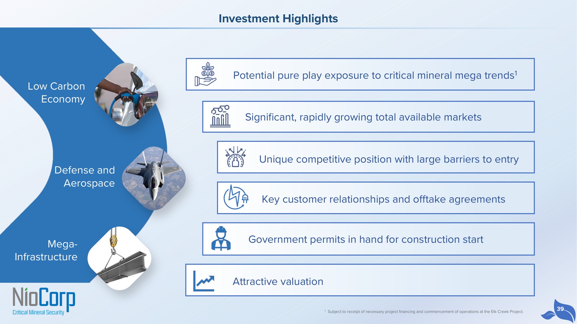 low carbon economy defense and infrastructure investment highlights potential pure play exposure to critical mineral trends significant rapidly growing total available markets unique competitive position with large barriers to entry key customer relationships and offtake agreements government permits in hand for construction start attractive valuation trends ama a net | NioCorp