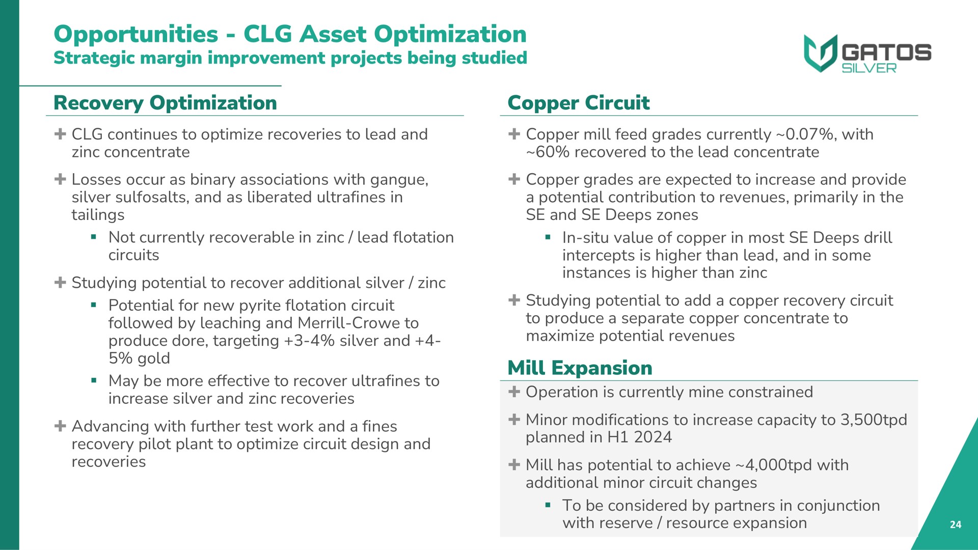 opportunities asset optimization strategic margin improvement projects being studied recovery optimization copper circuit mill expansion | Gatos Silver