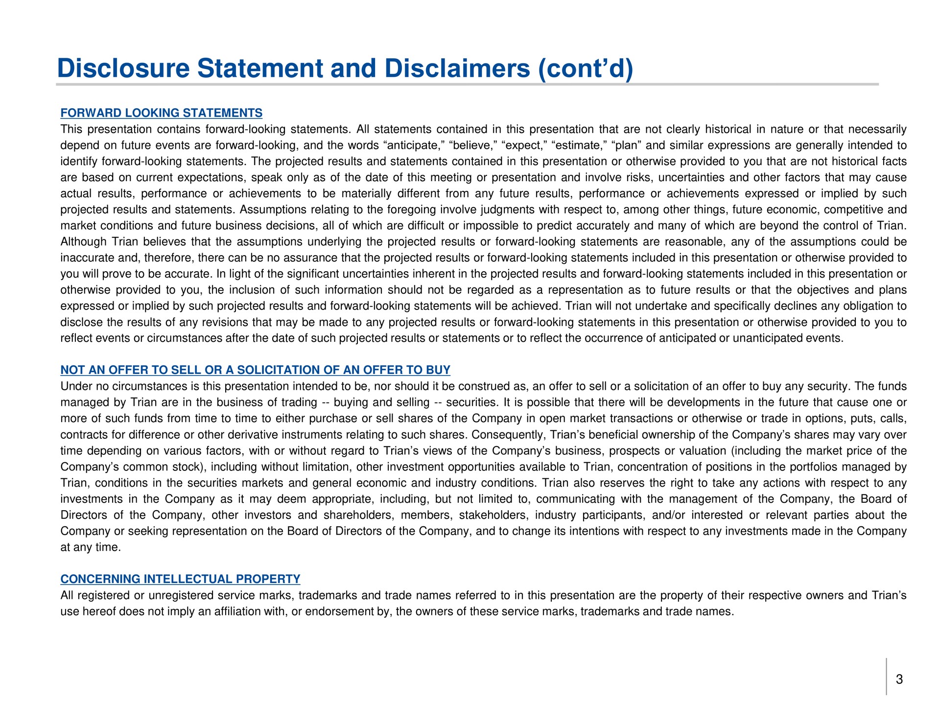 disclosure statement and disclaimers | Trian Partners