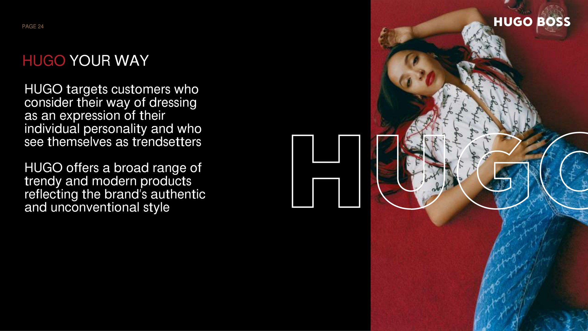 your way targets customers who consider their way of dressing as an expression of their individual personality and who see themselves as offers a broad range of and modern products reflecting the brand authentic and unconventional style | Hugo Boss