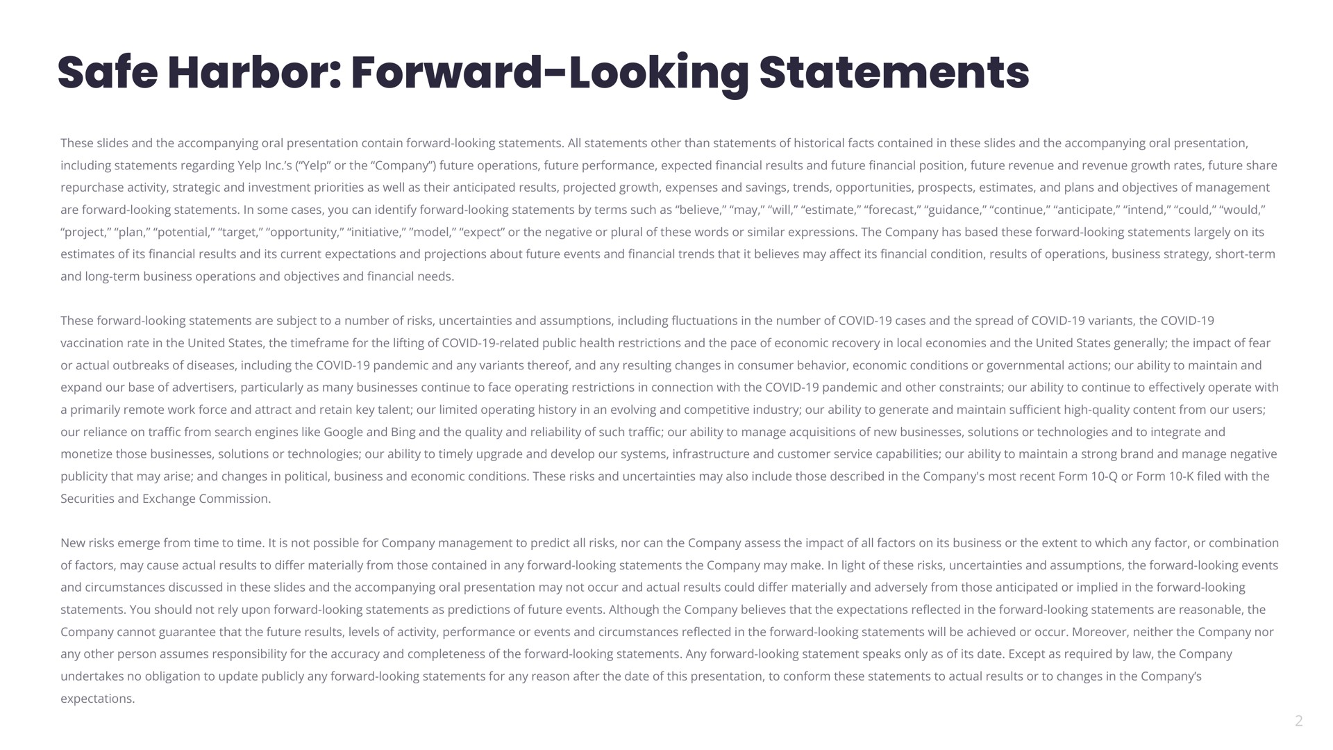 safe harbor forward looking statements | Yelp