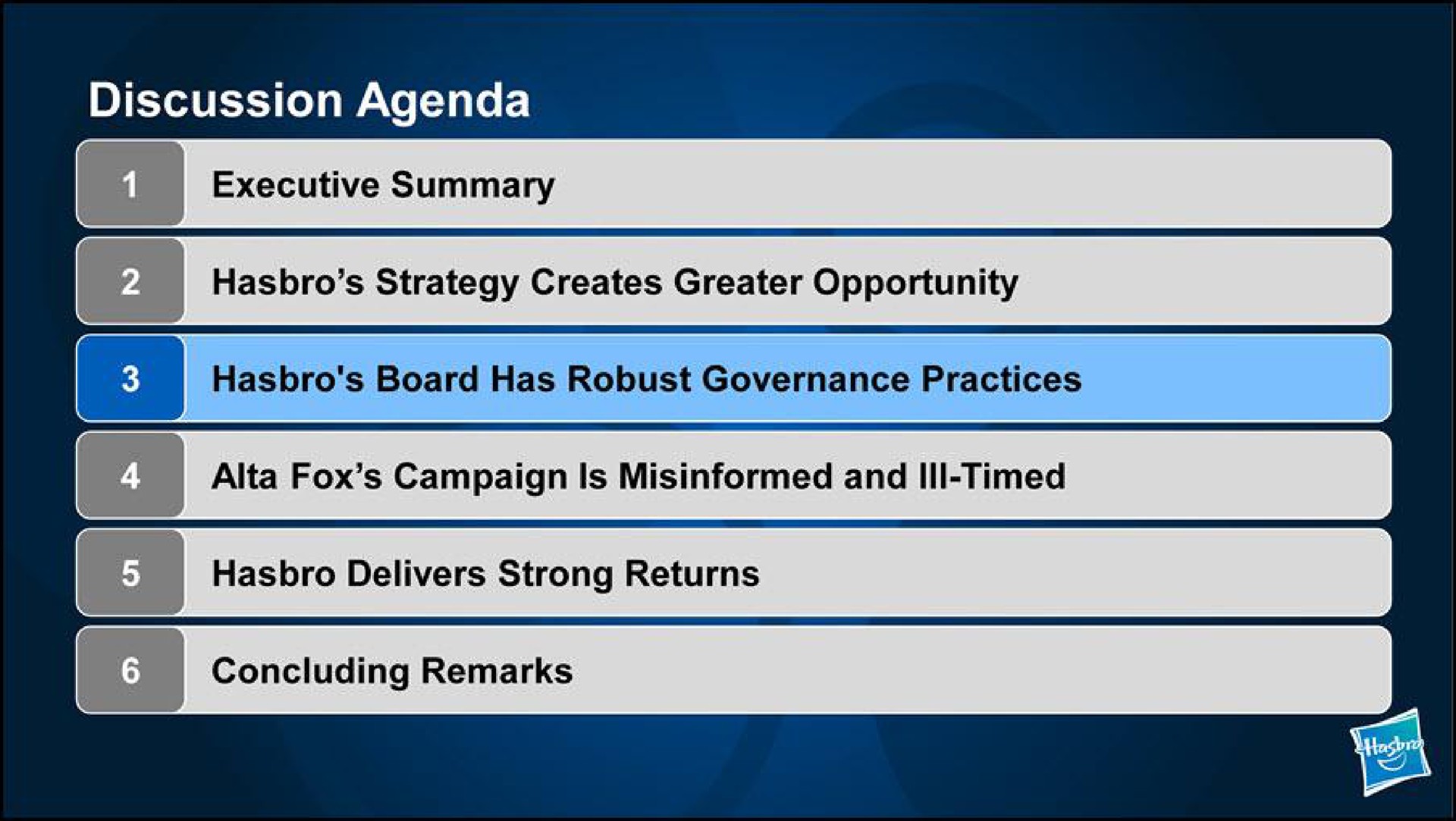 discussion agenda executive summary strategy creates greater opportunity board has robust governance practices delivers strong returns fox campaign is misinformed and ill timed concluding remarks | Hasbro