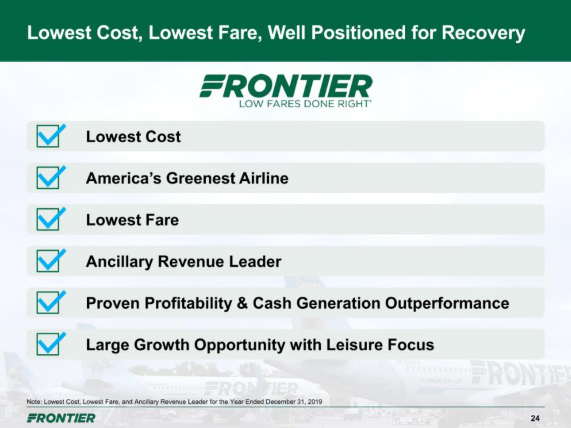 cost fare well positioned for recovery cost fare proven profitability cash generation large growth opportunity with leisure focus frontier | Frontier