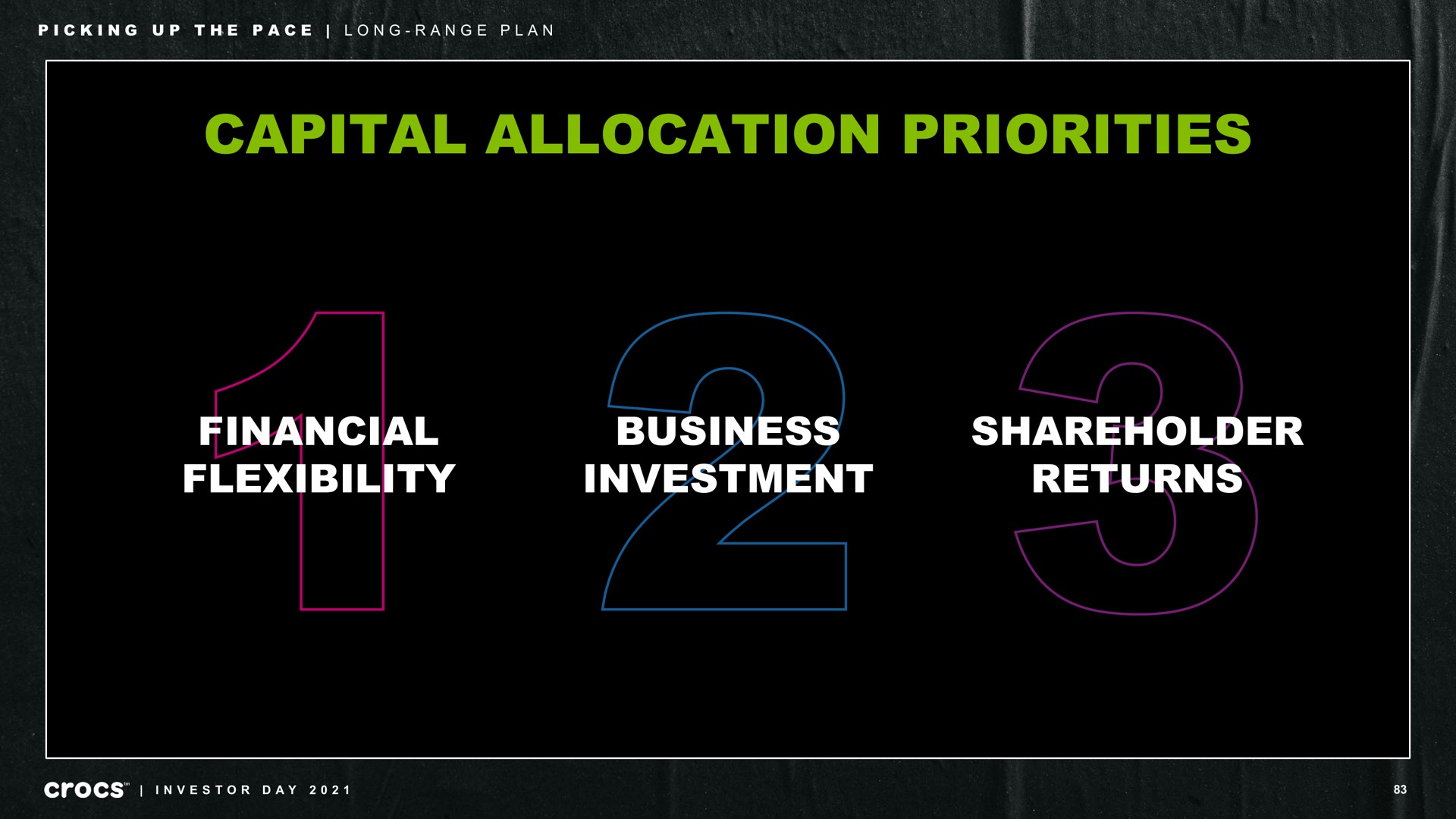 capital allocation priorities financial flexibility business investment shareholder returns picking up the pace long range plan | Crocs