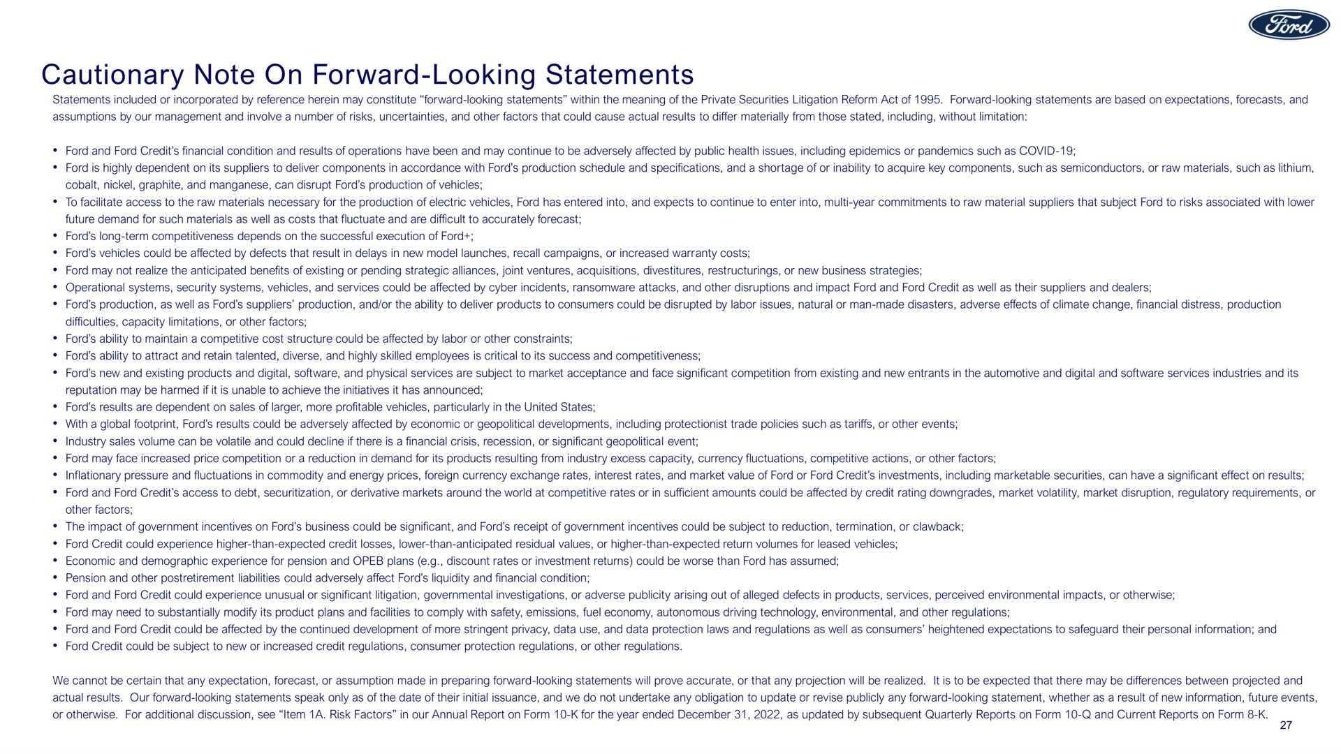 cautionary note on forward looking statements | Ford Credit
