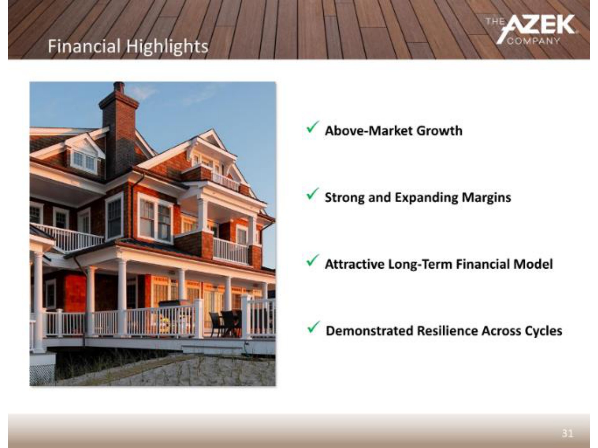 financial highlights above market growth strong and expanding margins attractive long term financial model demonstrated resilience across cycles | Azek