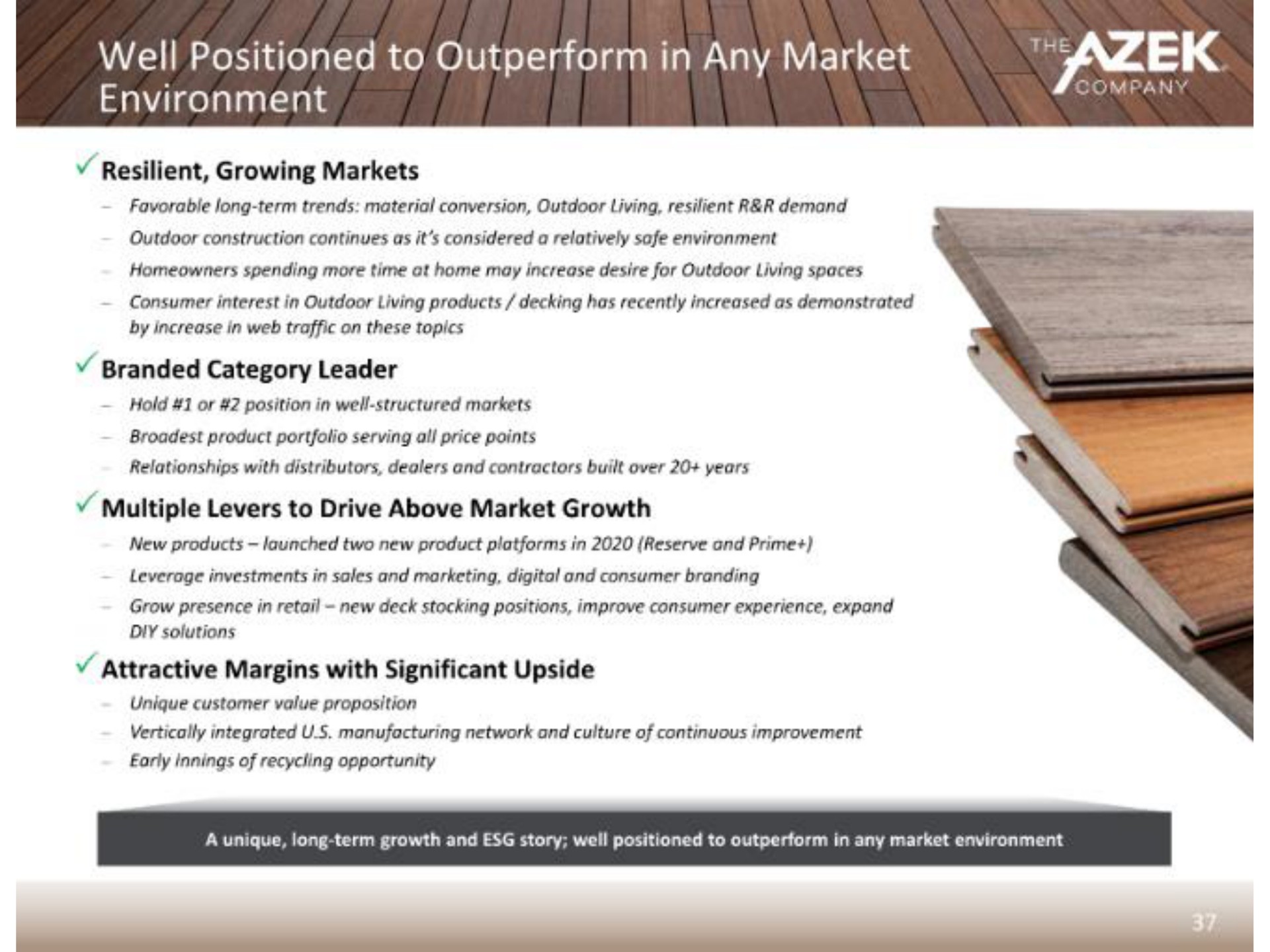 well positioned to outperform in any market environment resilient growing markets branded category leader multiple levers to drive above market growth attractive margins with significant upside | Azek