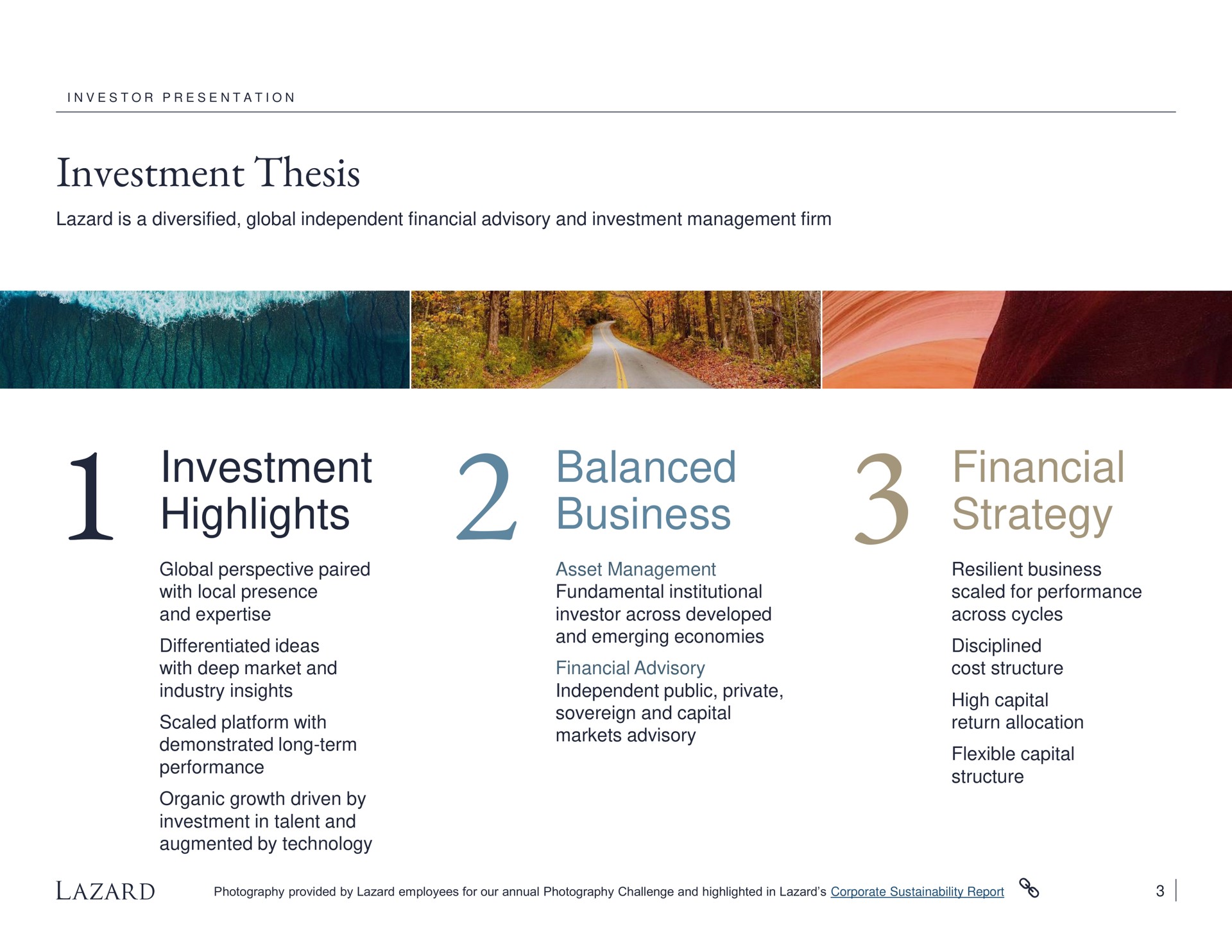 investment thesis investment highlights balanced business financial strategy | Lazard