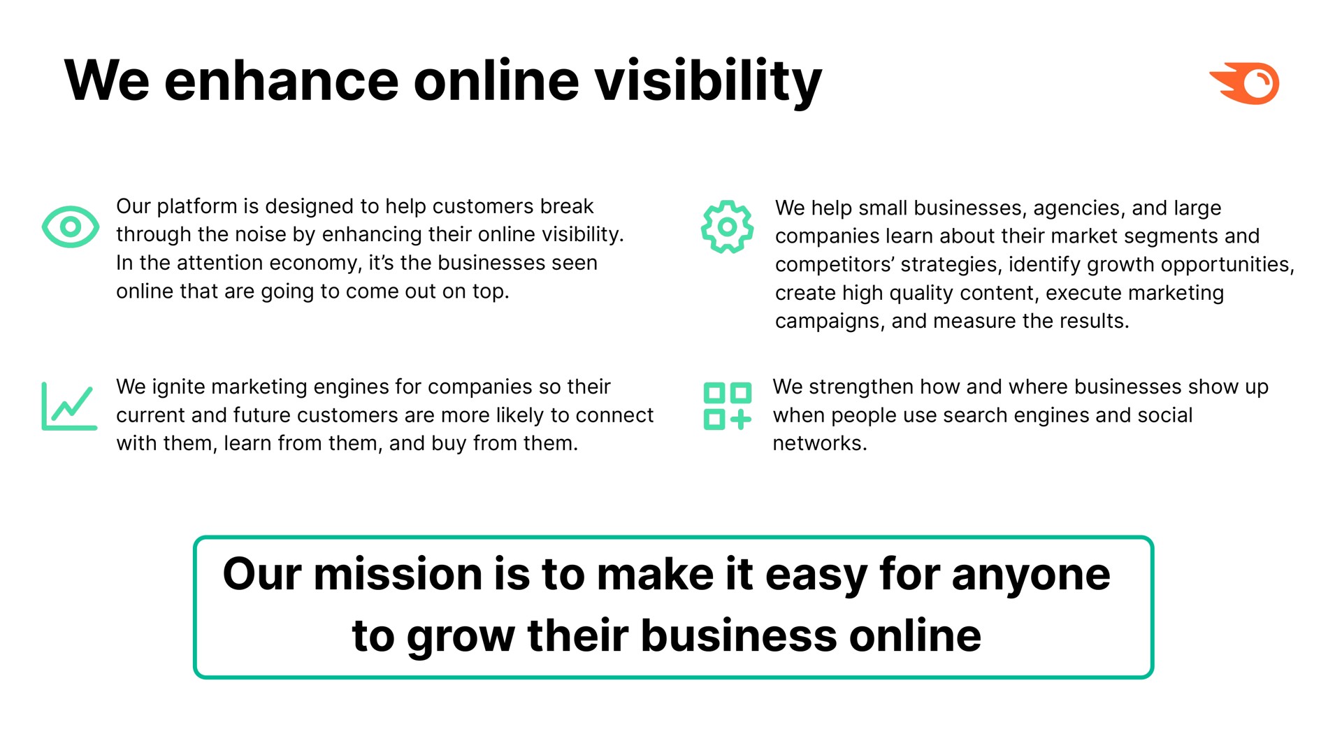 we enhance visibility our mission is to make it easy for anyone to grow their business | Semrush