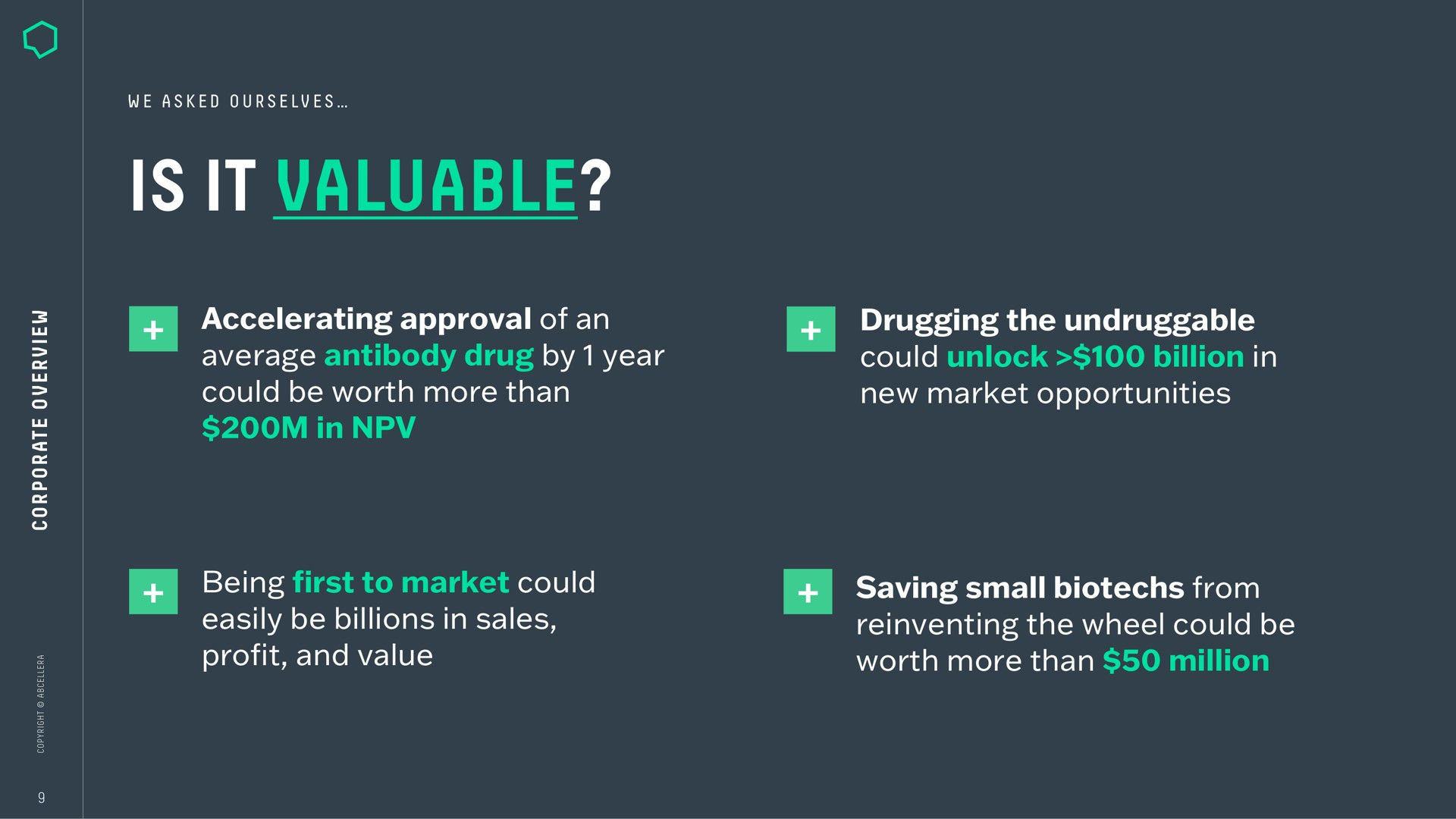 is it valuable accelerating approval of an average antibody drug by year could be worth more than in drugging the could unlock billion in new market opportunities being first to market could easily be billions in sales profit and value saving small from reinventing the wheel could be worth more than million eer | AbCellera